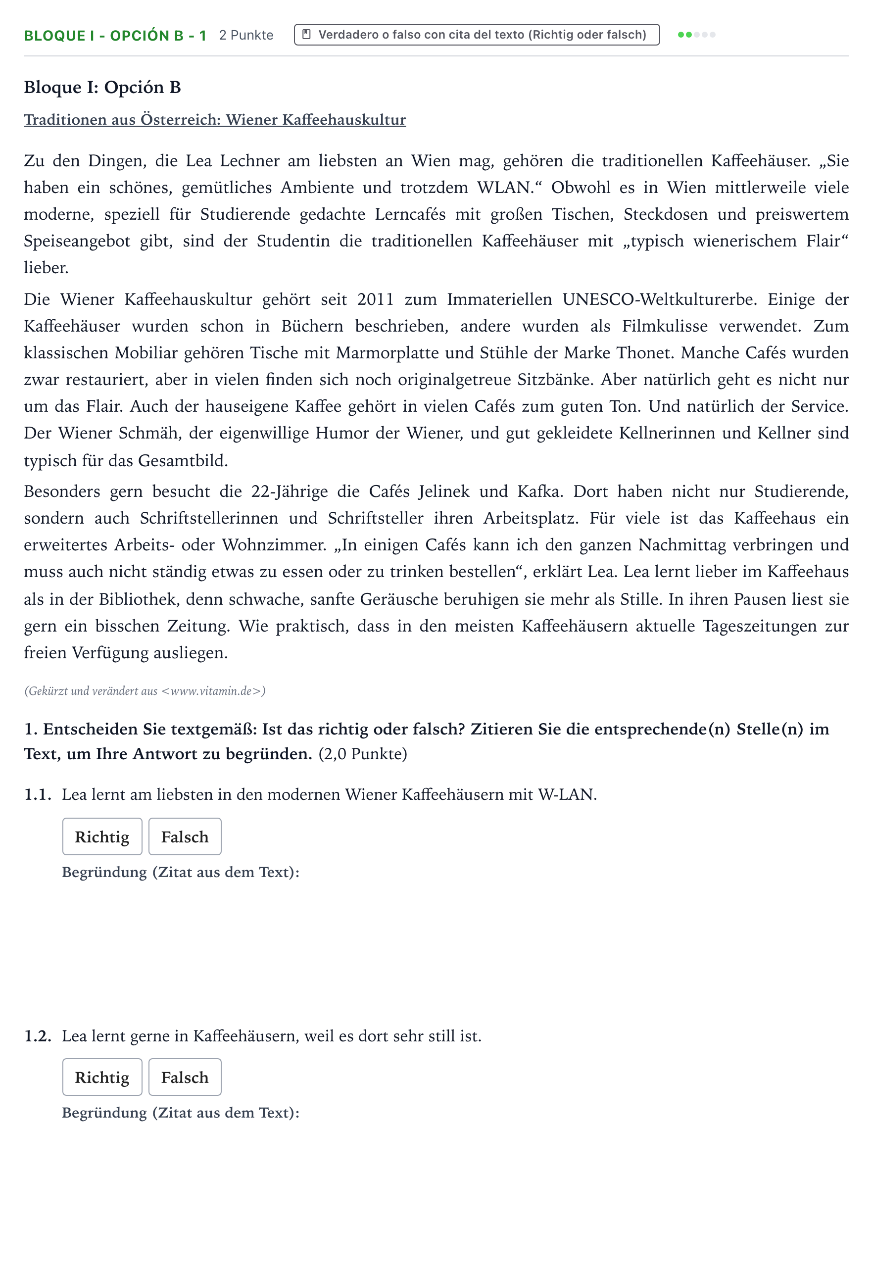 Enunciado: Bloque I - Opción B - 1 · Alemán PAU Aragón Extraordinaria 2023
