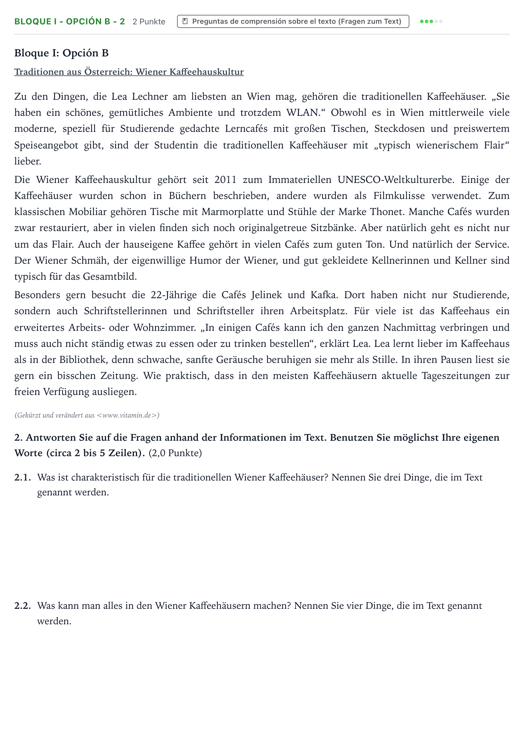Enunciado: Bloque I - Opción B - 2 · Alemán PAU Aragón Extraordinaria 2023