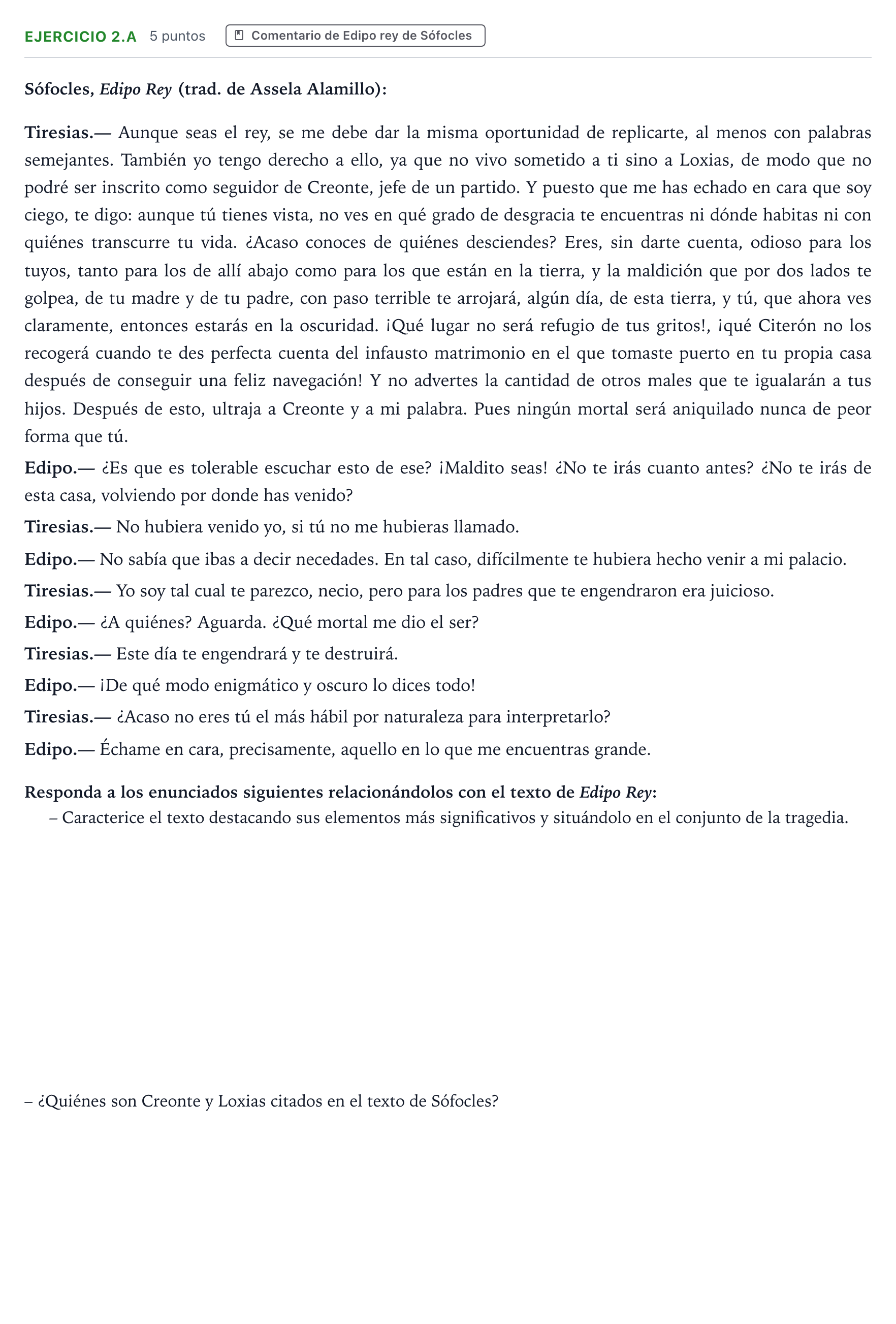 Enunciado: Ejercicio 2.a · Artes Escénicas PAU Aragón Ordinaria 2023