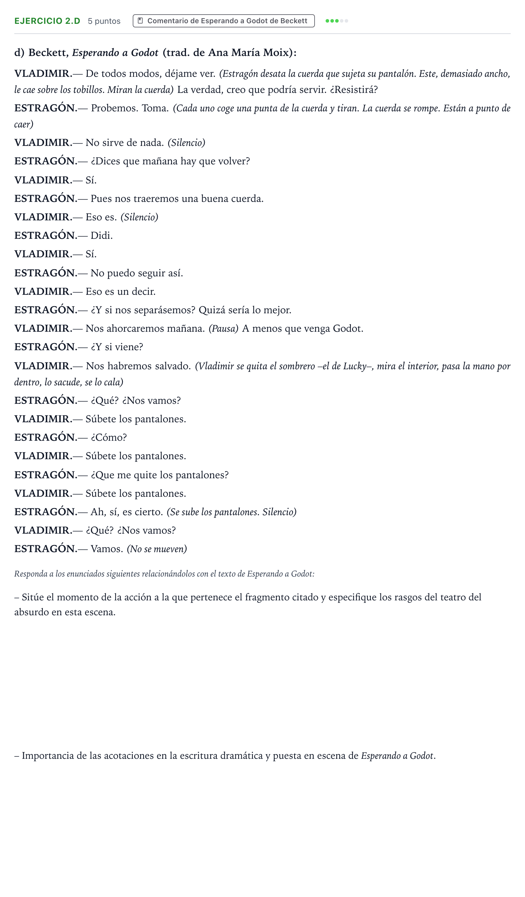 Enunciado: Ejercicio 2.d · Artes Escénicas PAU Aragón Ordinaria 2023