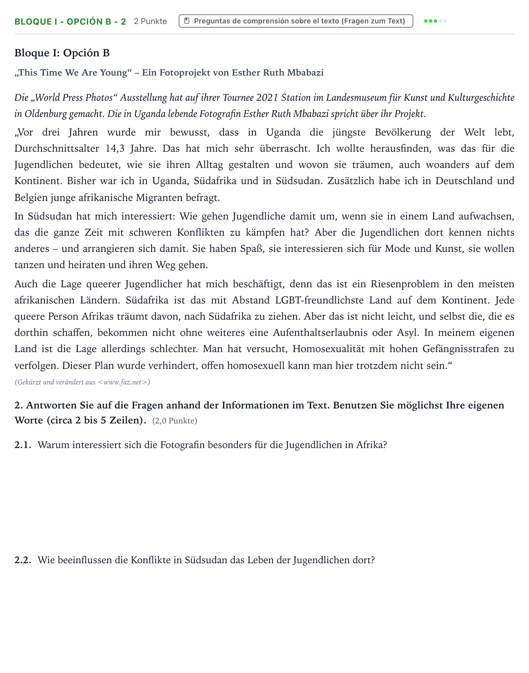 Enunciado: Bloque I - Opción B - 2 · Alemán PAU Aragón Ordinaria 2023