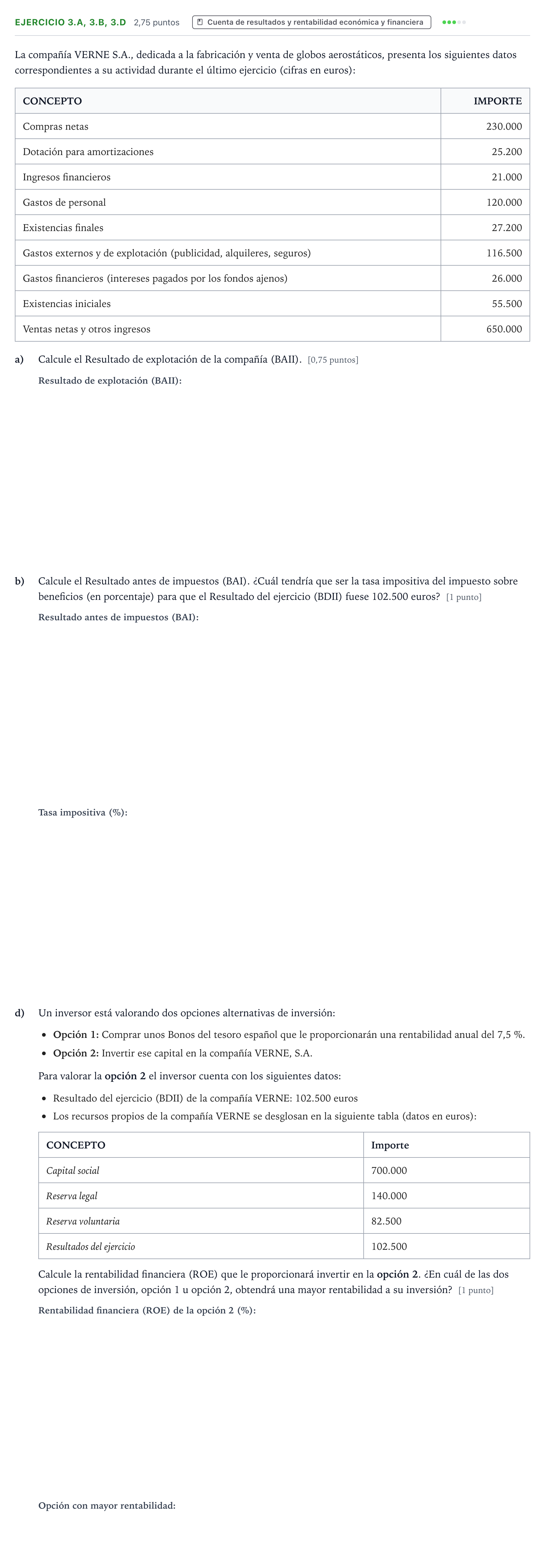 Enunciado: Ejercicio 3.a, 3.b, 3.d - Cuenta de resultados y rentabilid… · Empresa y Diseño de Modelos de Negocio PAU Aragón Extraordinaria 2023