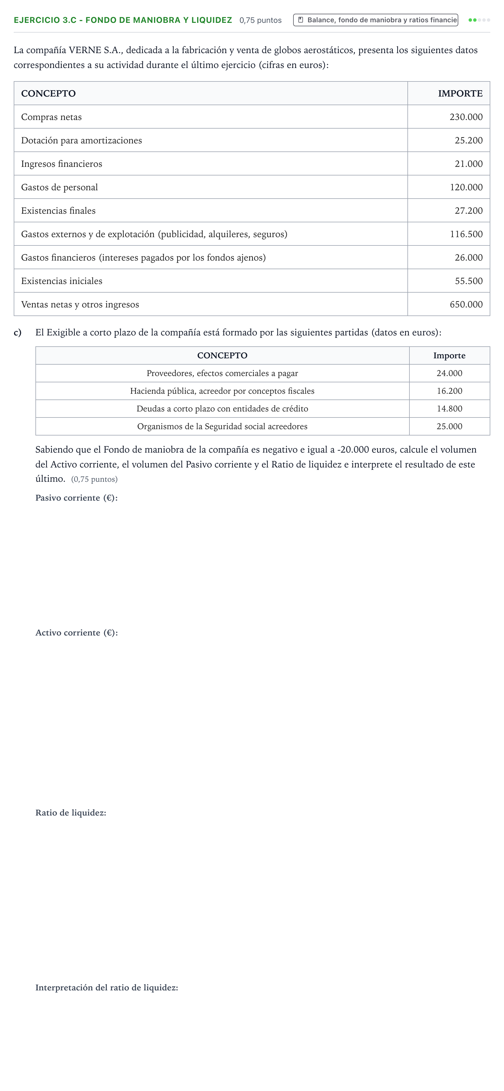 Enunciado: Ejercicio 3.c - Fondo de maniobra y liquidez · Empresa y Diseño de Modelos de Negocio PAU Aragón Extraordinaria 2023