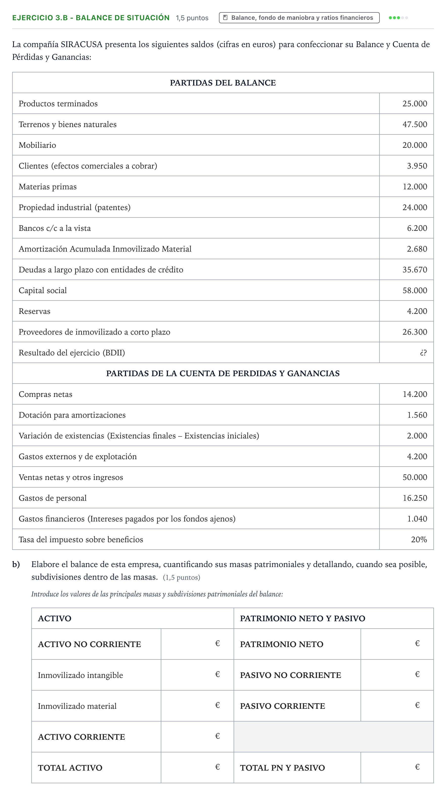 Enunciado: Ejercicio 3.b - Balance de situación · Empresa y Diseño de Modelos de Negocio PAU Aragón Ordinaria 2023