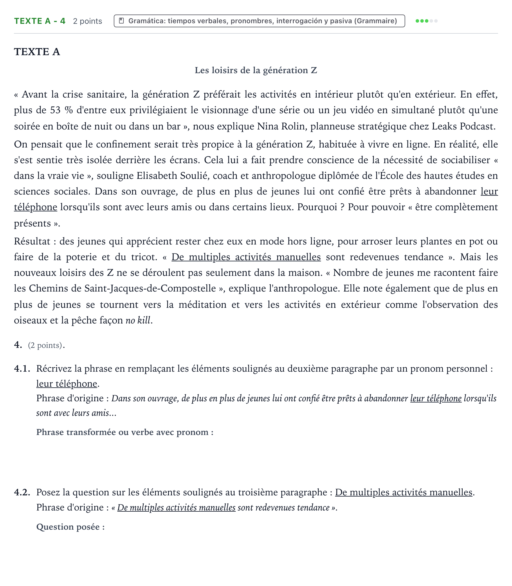 Enunciado: Ejercicio Texte A - 4 · Francés PAU Aragón Extraordinaria 2023