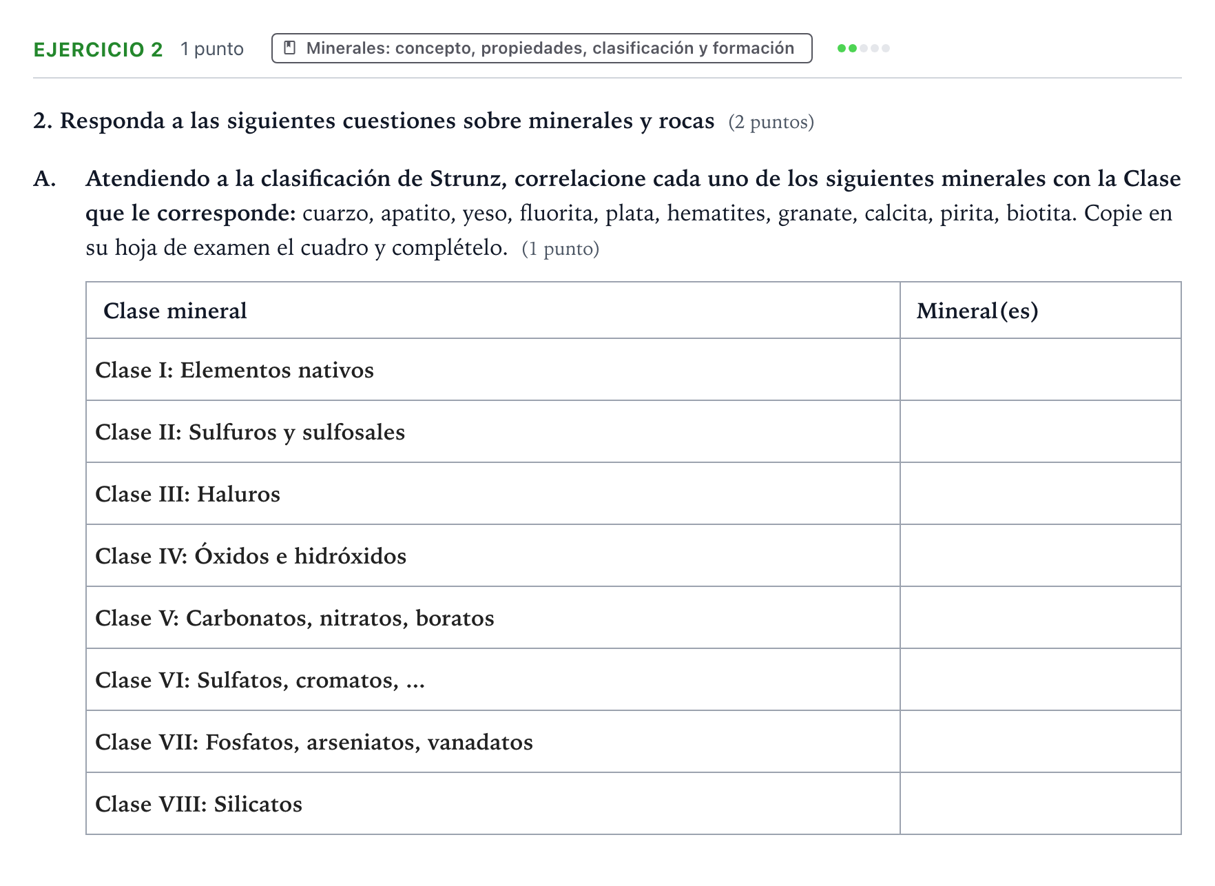 Enunciado: Ejercicio 2 - Minerales · Geología y Ciencias Ambientales PAU Aragón Extraordinaria 2023