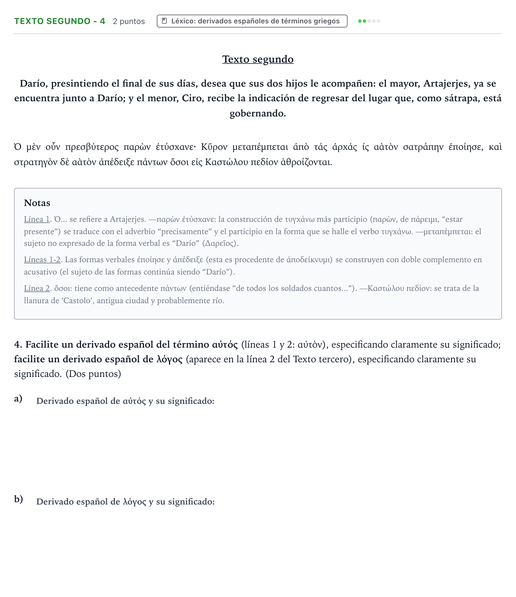 Enunciado: Ejercicio Texto segundo - 4 · Griego II PAU Aragón Extraordinaria 2023