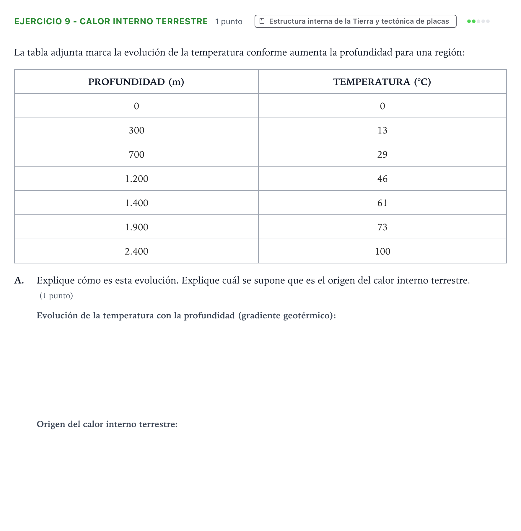 Enunciado: Ejercicio 9 - Calor interno terrestre · Geología y Ciencias Ambientales PAU Aragón Ordinaria 2023