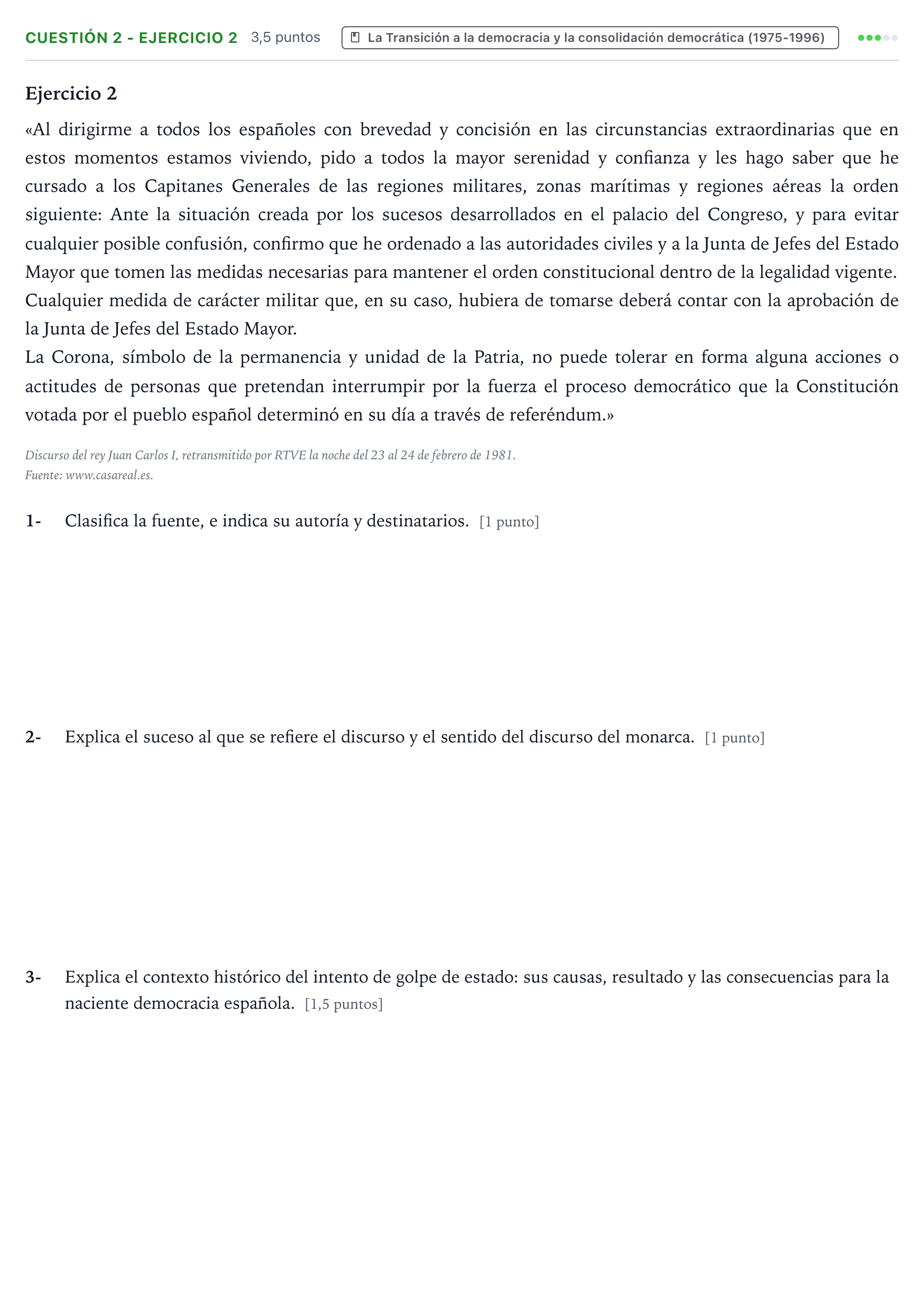 Enunciado: Cuestión 2 - Ejercicio 2 · Historia de España PAU Aragón Extraordinaria 2023
