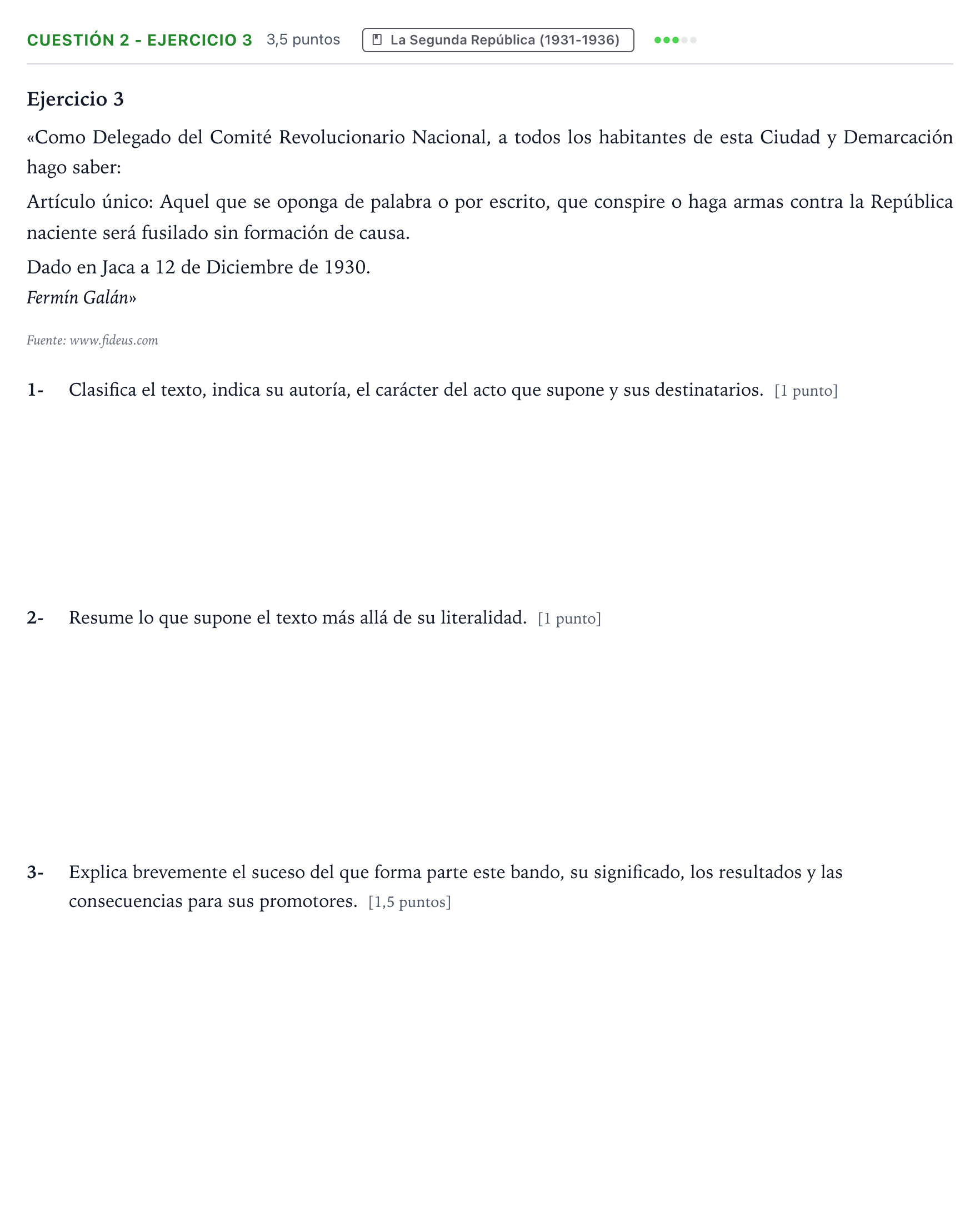 Enunciado: Cuestión 2 - Ejercicio 3 · Historia de España PAU Aragón Extraordinaria 2023