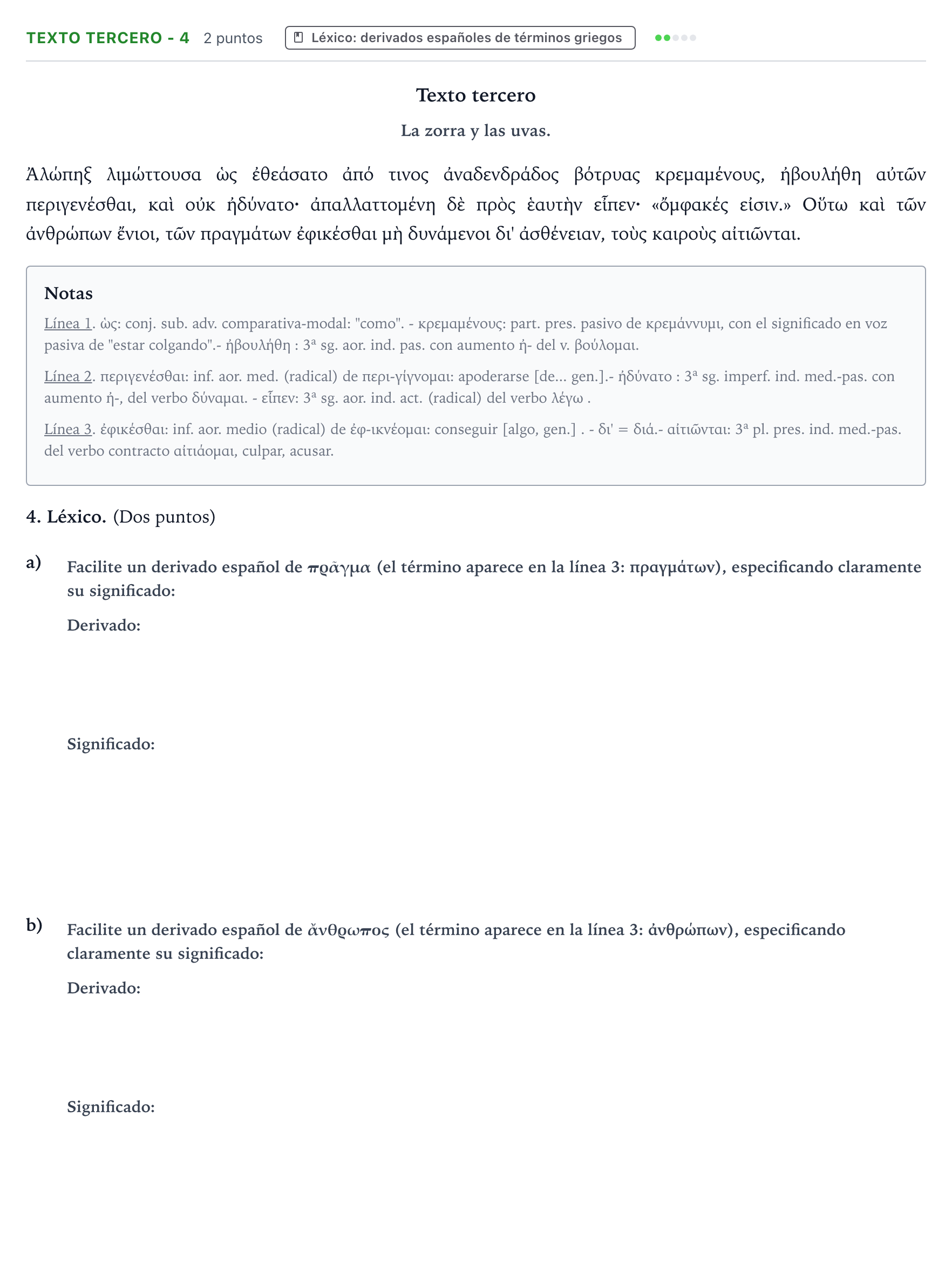 Enunciado: Ejercicio Texto tercero - 4 · Griego II PAU Aragón Ordinaria 2023