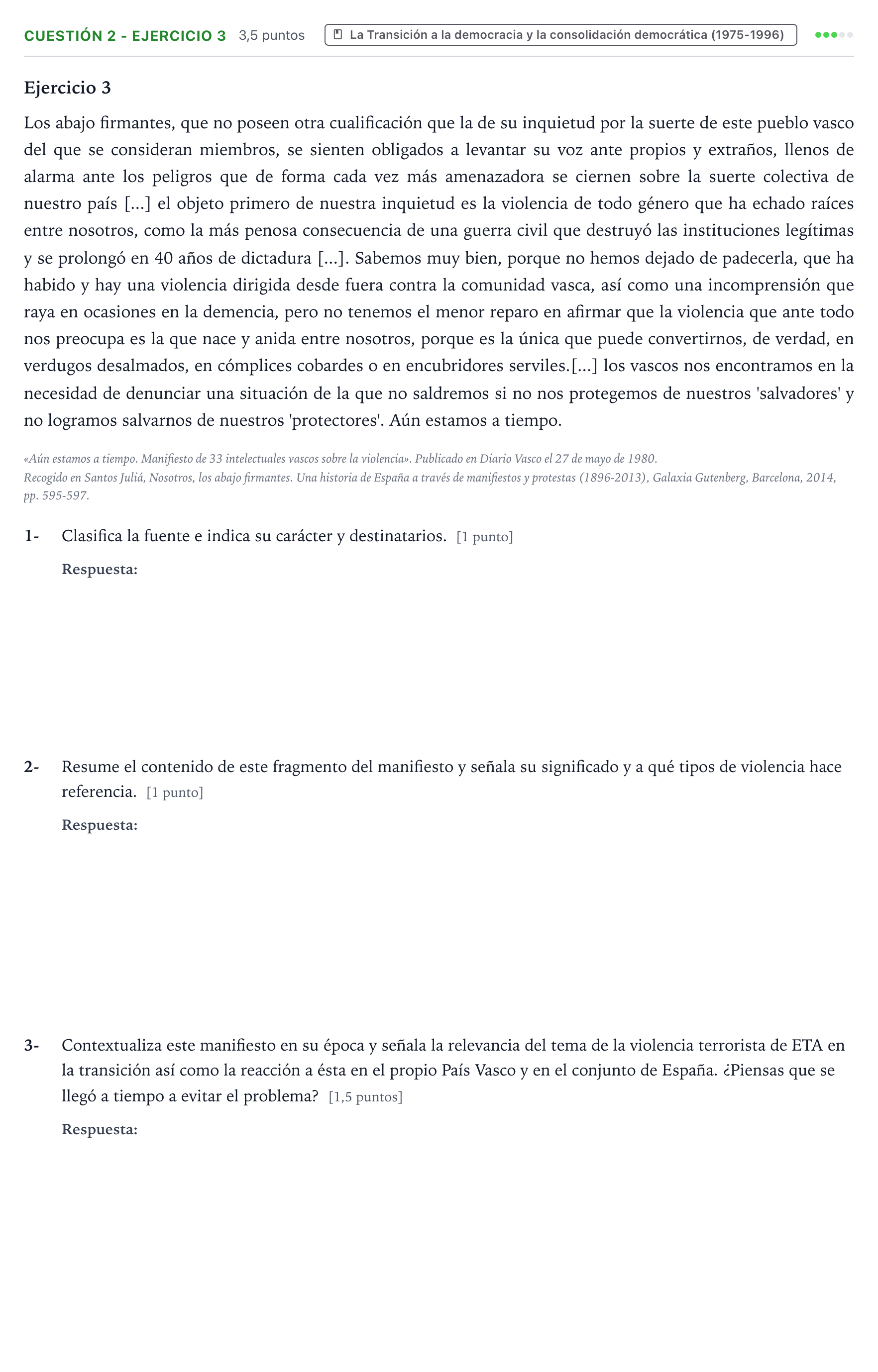 Enunciado: Cuestión 2 - Ejercicio 3 · Historia de España PAU Aragón Ordinaria 2023