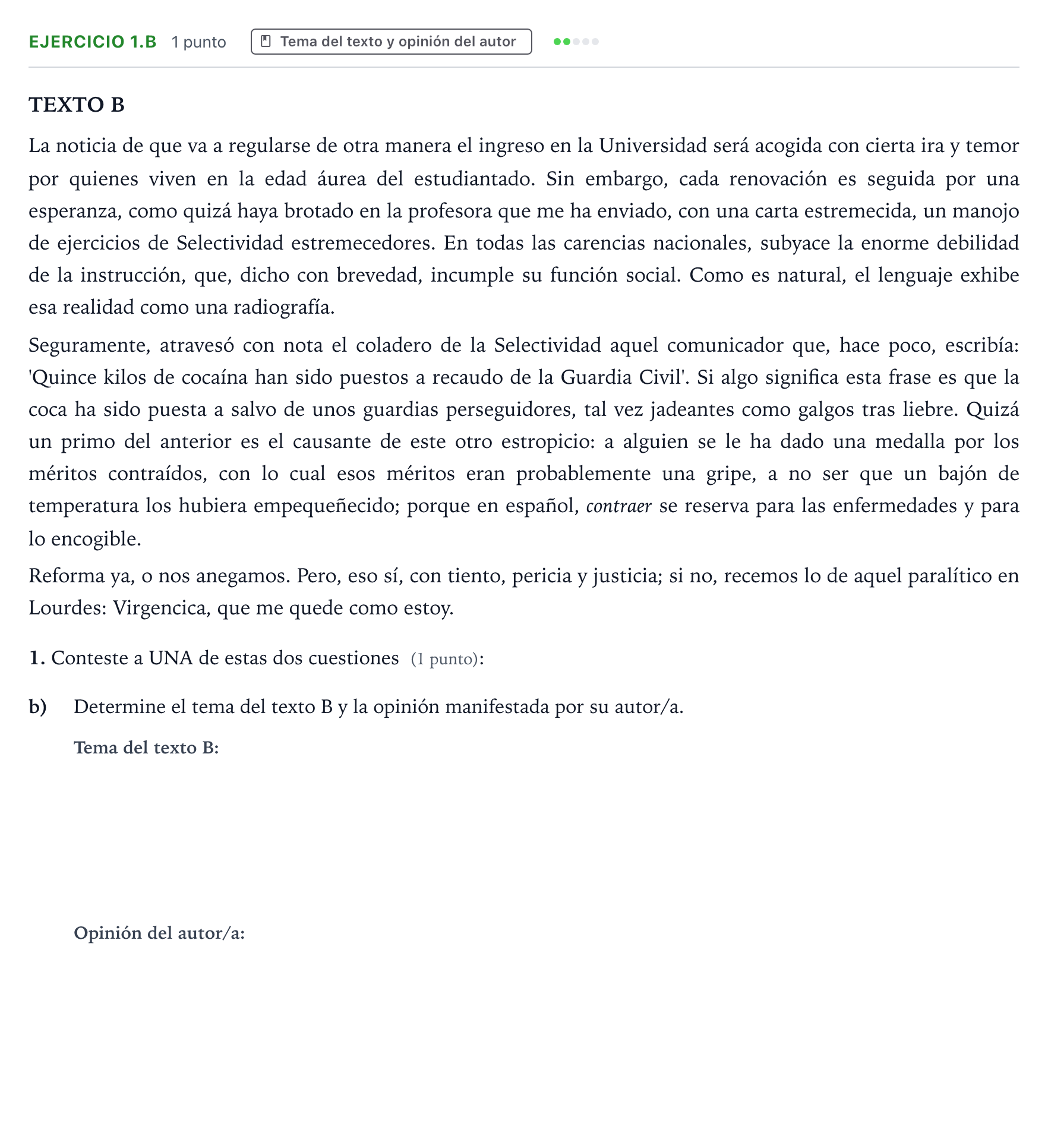 Enunciado: Ejercicio 1.b · Lengua Castellana y Literatura II PAU Aragón Extraordinaria 2023