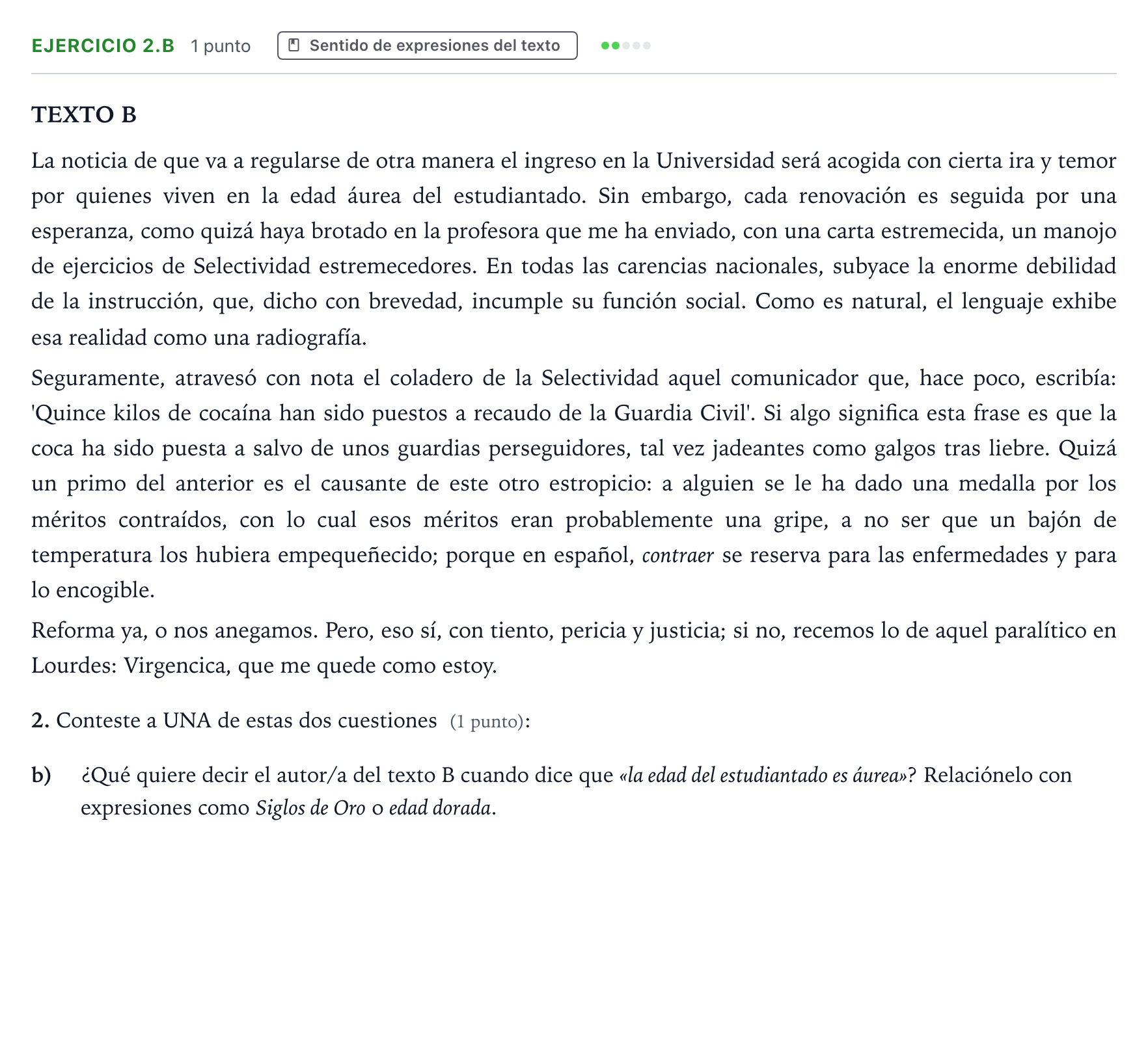 Enunciado: Ejercicio 2.b · Lengua Castellana y Literatura II PAU Aragón Extraordinaria 2023