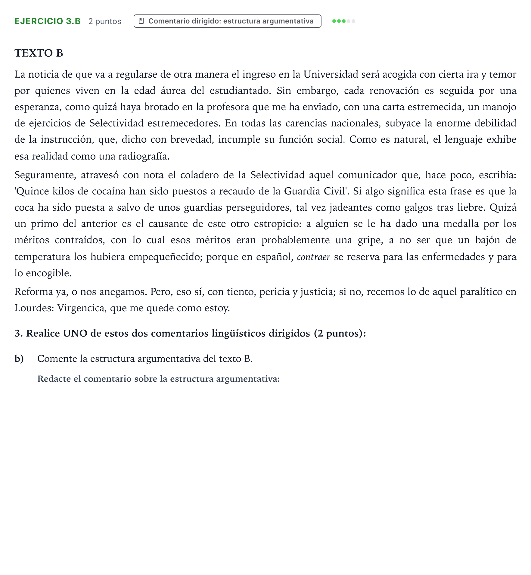 Enunciado: Ejercicio 3.b · Lengua Castellana y Literatura II PAU Aragón Extraordinaria 2023