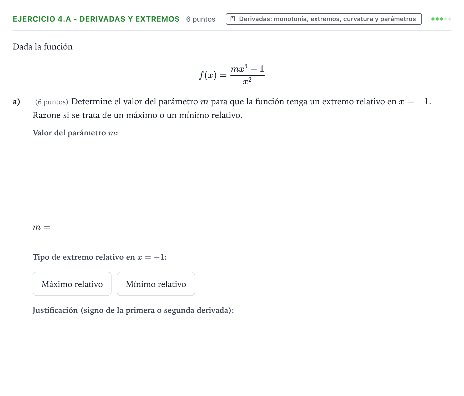 Enunciado: Ejercicio 4.a - Derivadas y extremos · Matemáticas aplicadas a las Ciencias Sociales II PAU Aragón Extraordinaria 2023