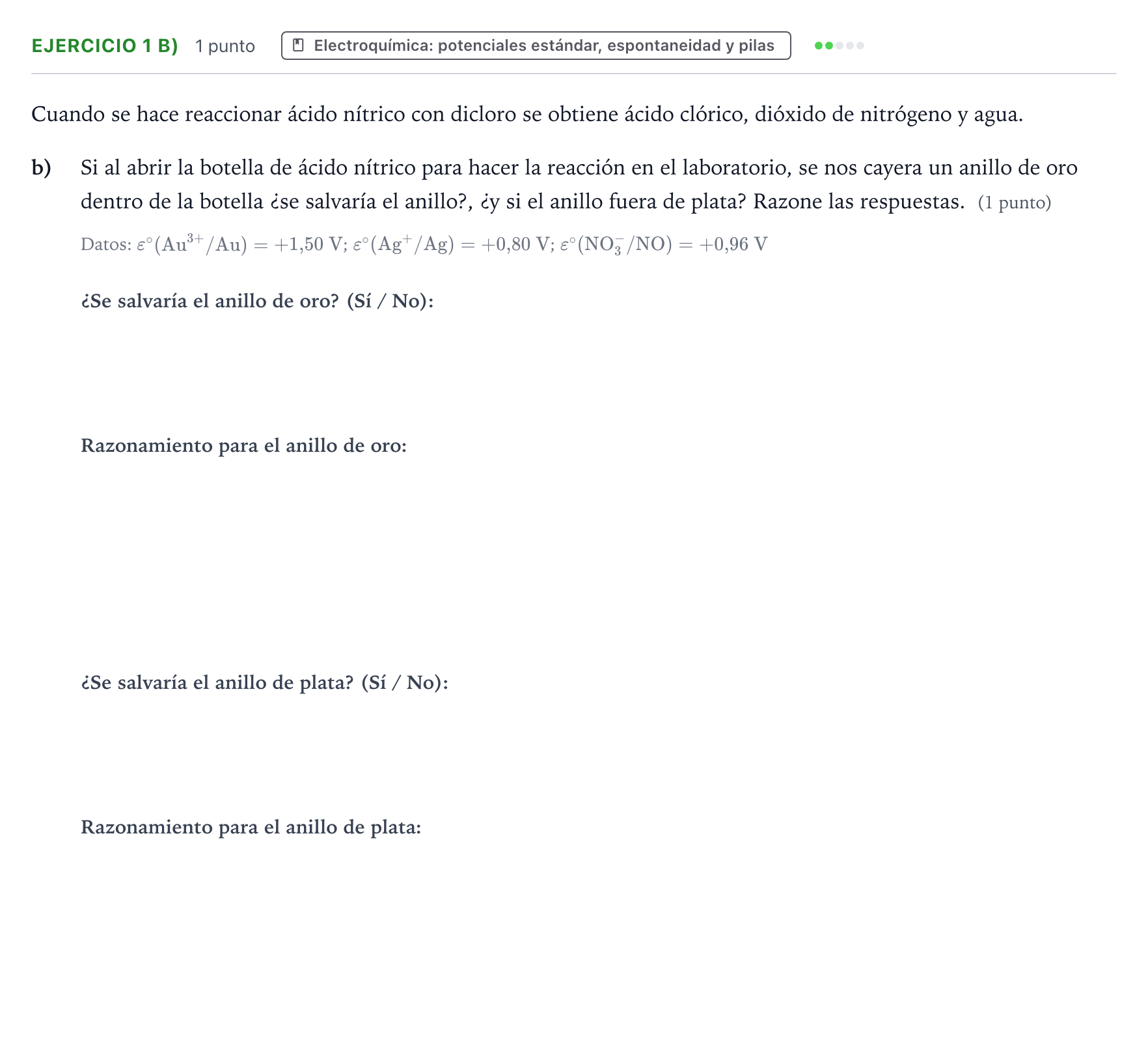 Enunciado: Ejercicio 1 b) - Electroquímica · Química PAU Aragón Extraordinaria 2023