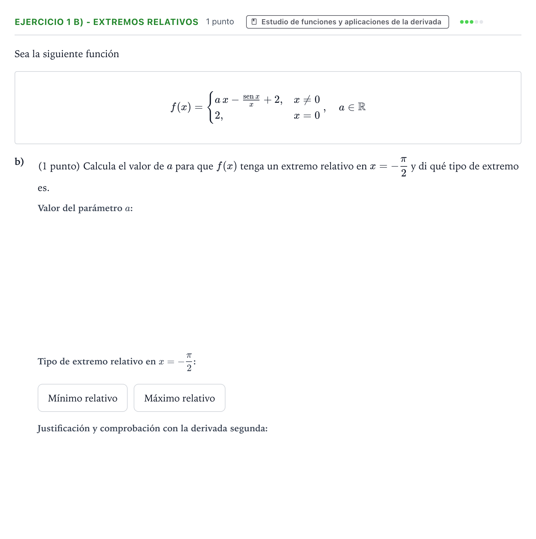 Enunciado: Ejercicio 1 b) - Extremos relativos · Matemáticas II PAU Aragón Ordinaria 2023