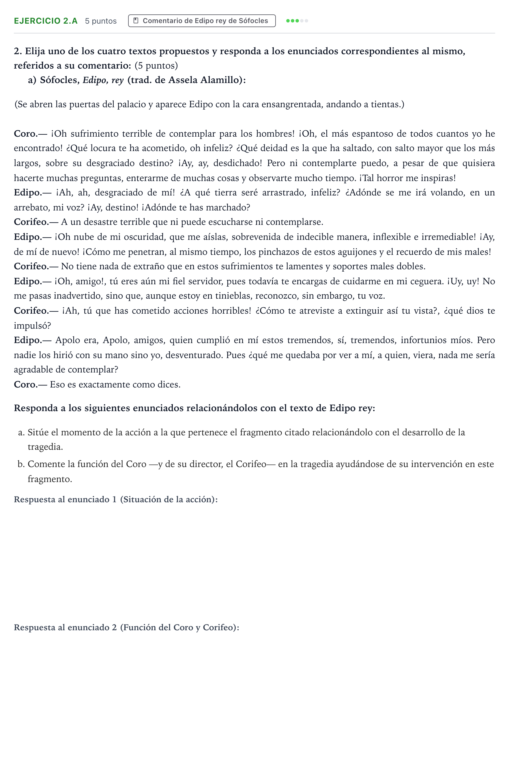 Enunciado: Ejercicio 2.a · Artes Escénicas PAU Aragón Extraordinaria 2022