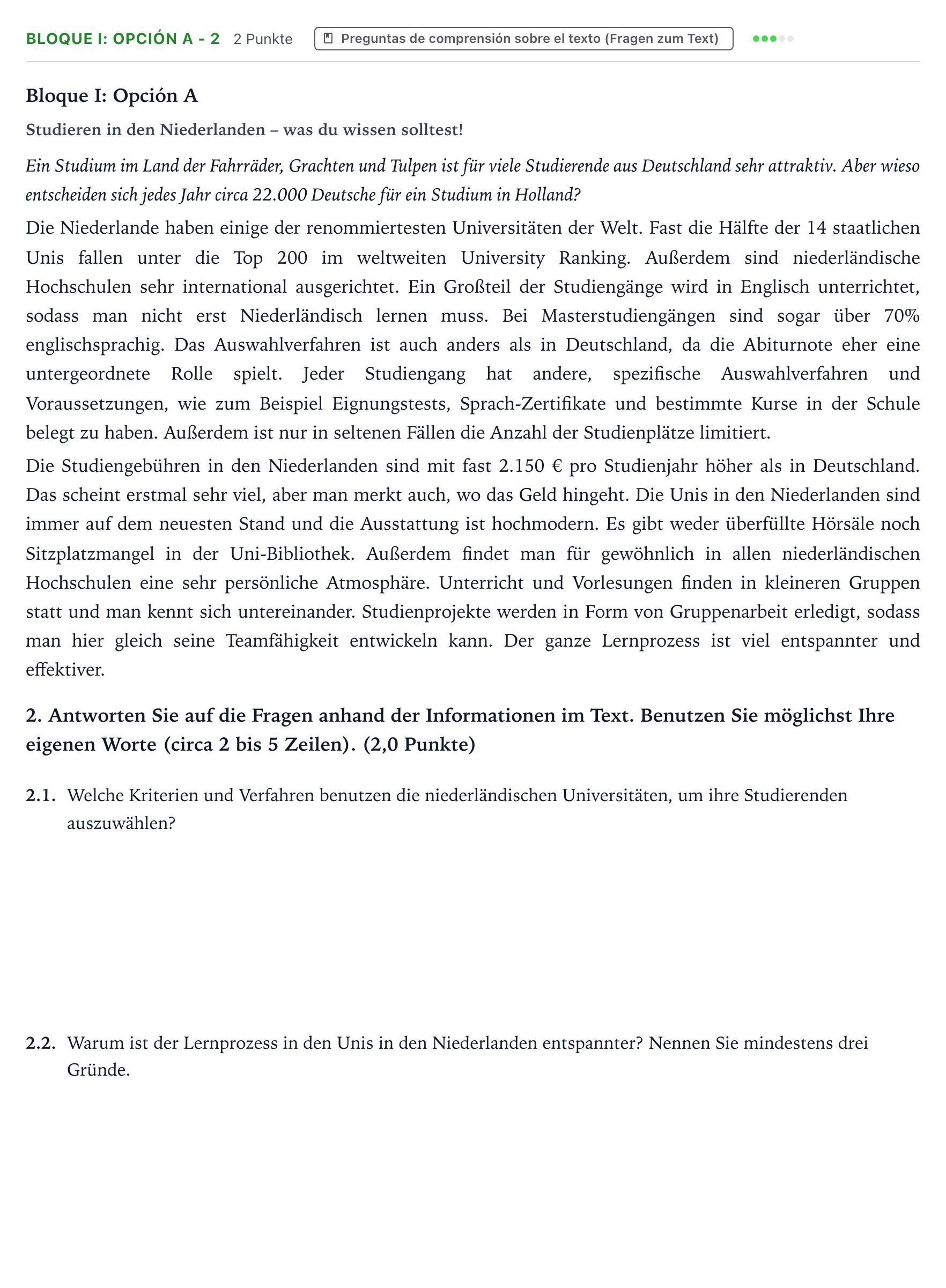 Enunciado: Bloque I: Opción A - 2 · Alemán PAU Aragón Ordinaria 2022