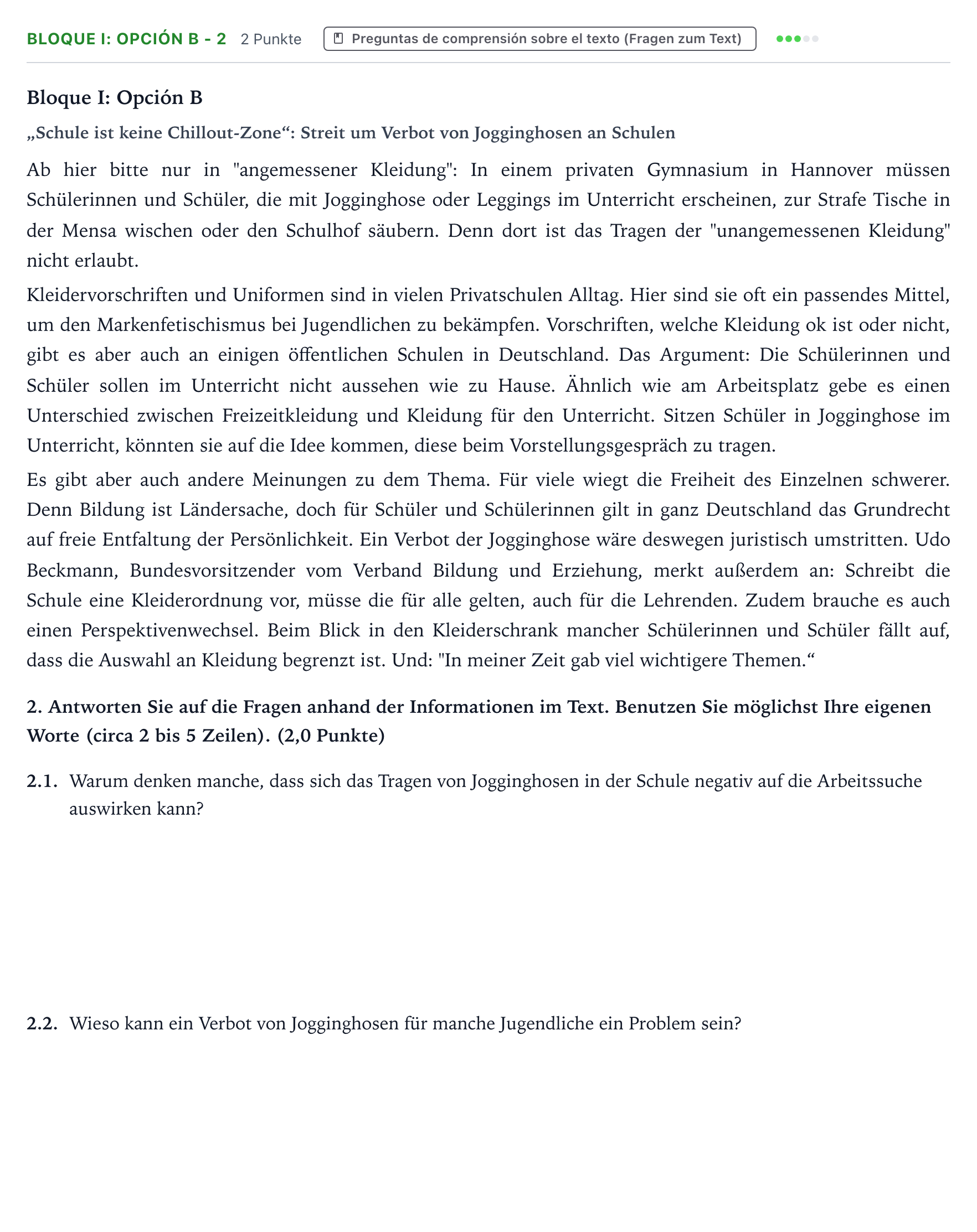 Enunciado: Bloque I: Opción B - 2 · Alemán PAU Aragón Ordinaria 2022