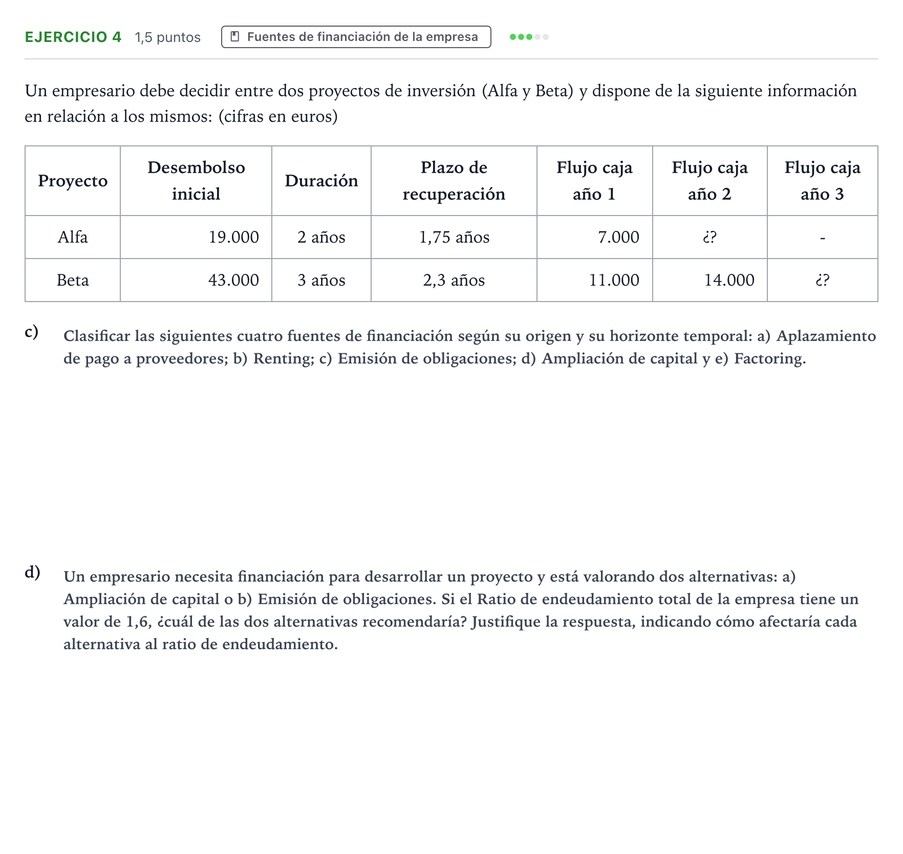 Enunciado: Ejercicio 4 - Fuentes de financiación · Empresa y Diseño de Modelos de Negocio PAU Aragón Extraordinaria 2022