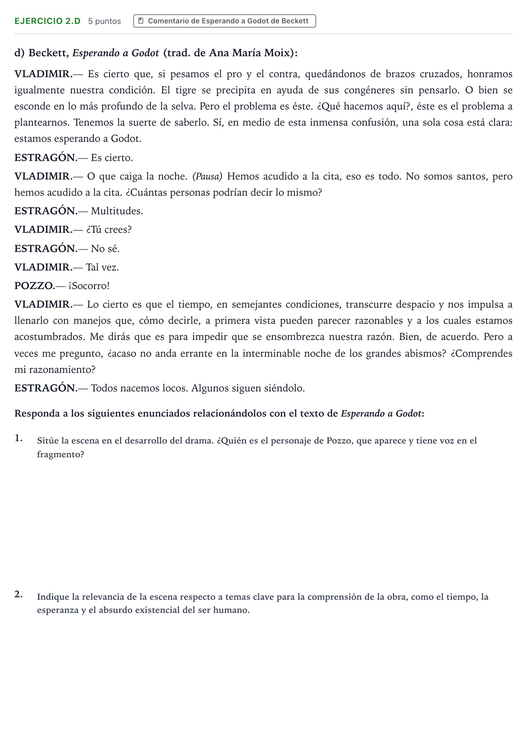 Enunciado: Ejercicio 2.d · Artes Escénicas PAU Aragón Ordinaria 2022