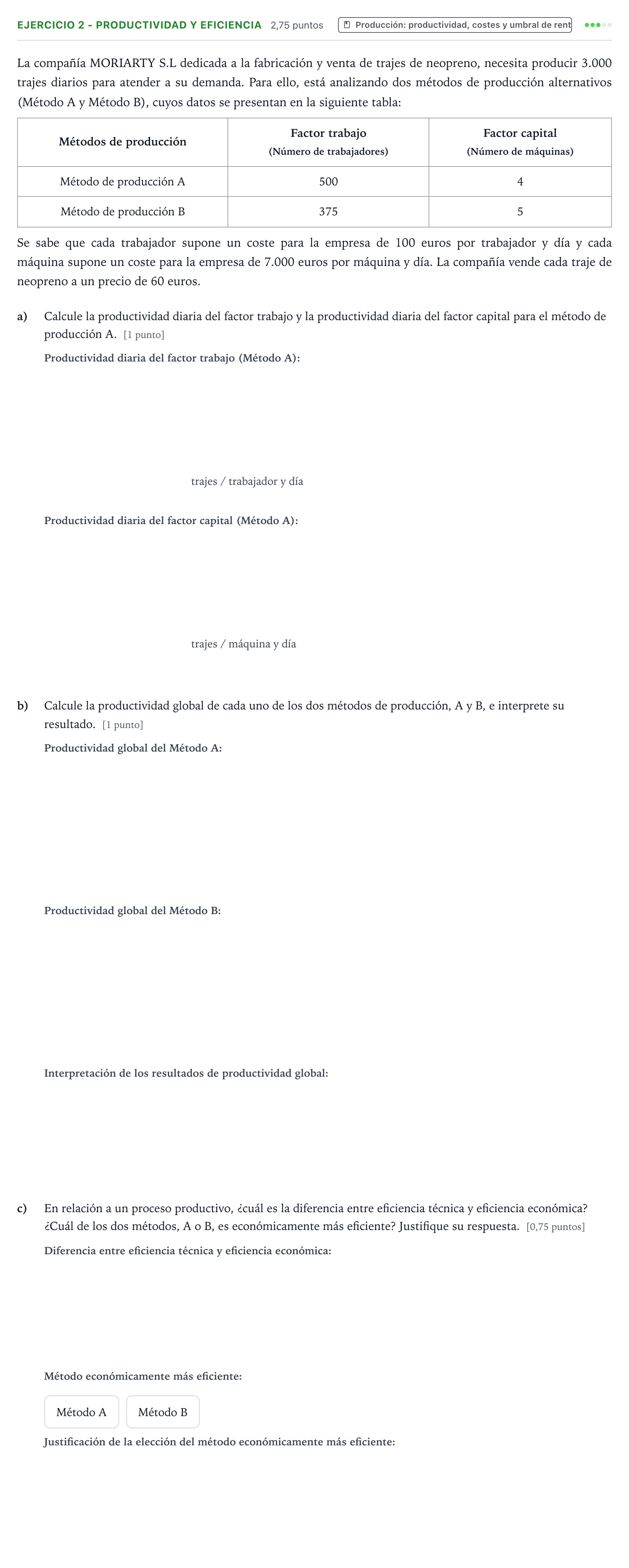 Enunciado: Ejercicio 2 - Productividad y eficiencia · Empresa y Diseño de Modelos de Negocio PAU Aragón Ordinaria 2022