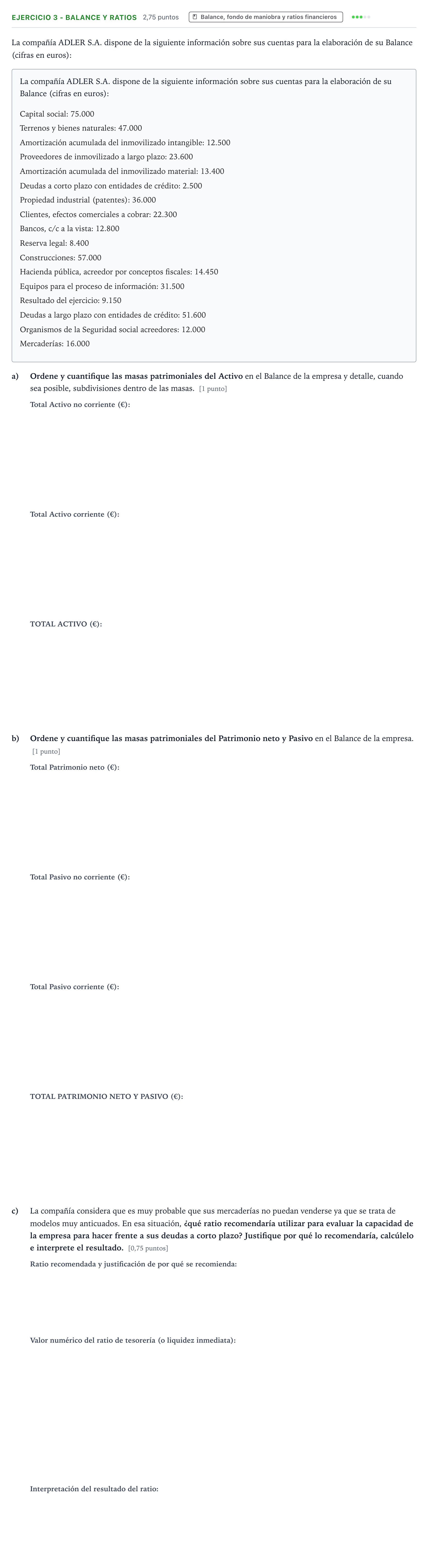 Enunciado: Ejercicio 3 - Balance y ratios · Empresa y Diseño de Modelos de Negocio PAU Aragón Ordinaria 2022