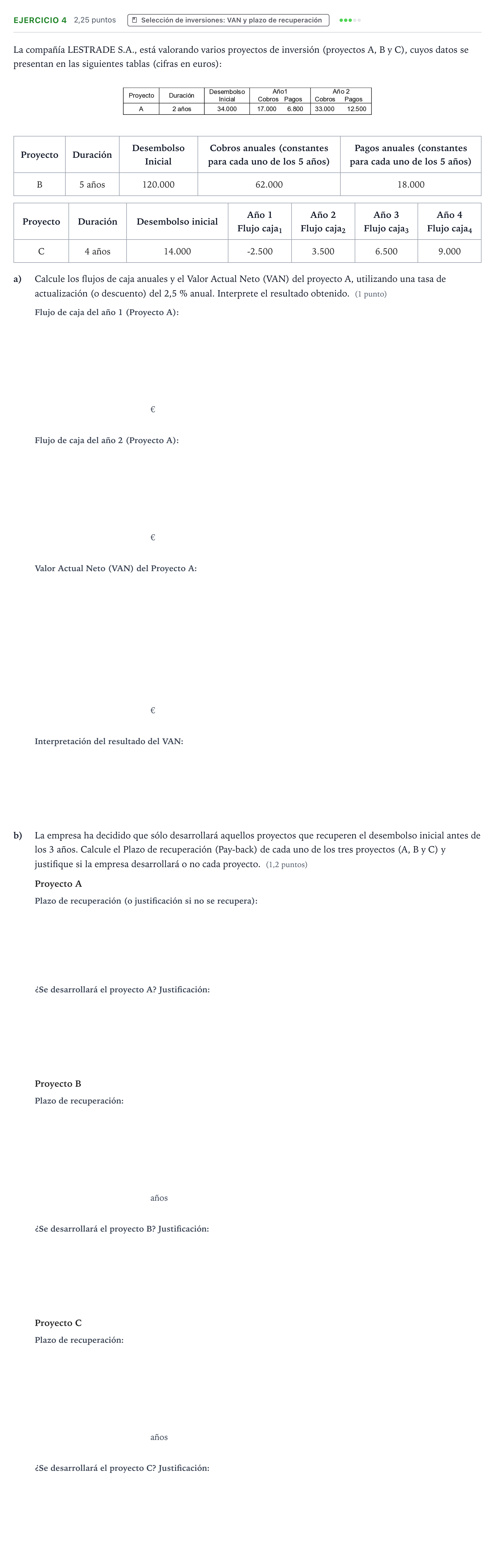 Enunciado: Ejercicio 4 - Selección de inversiones · Empresa y Diseño de Modelos de Negocio PAU Aragón Ordinaria 2022