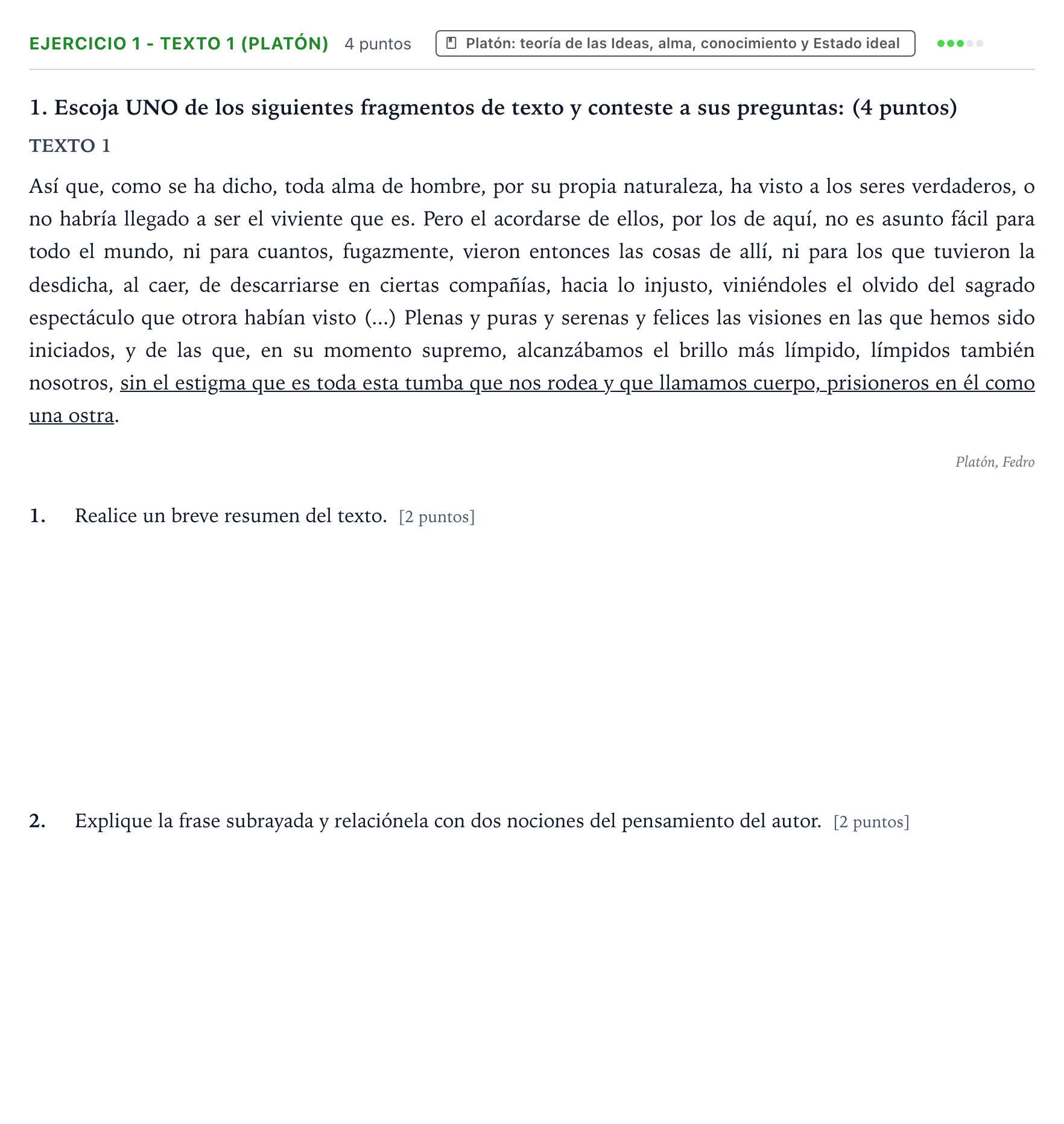 Enunciado: Ejercicio 1 - Texto 1 (Platón) · Historia de la Filosofía PAU Aragón Extraordinaria 2022