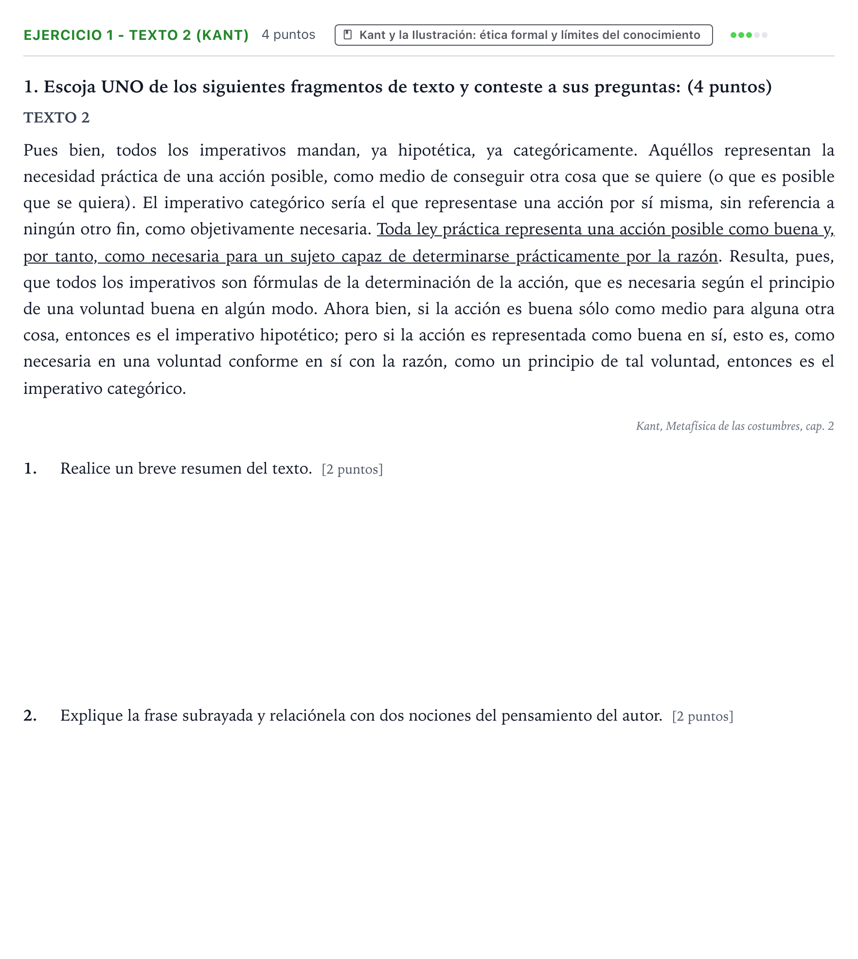 Enunciado: Ejercicio 1 - Texto 2 (Kant) · Historia de la Filosofía PAU Aragón Extraordinaria 2022