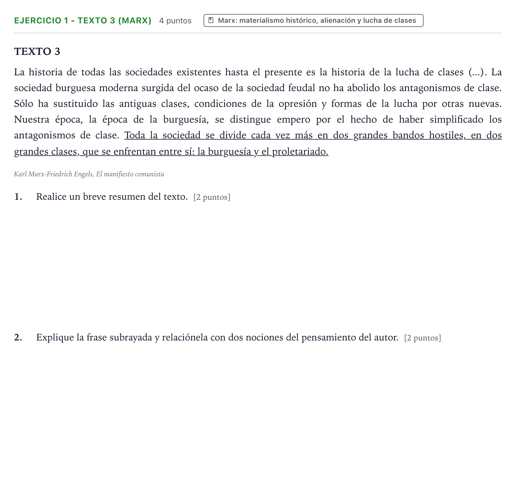 Enunciado: Ejercicio 1 - Texto 3 (Marx) · Historia de la Filosofía PAU Aragón Extraordinaria 2022