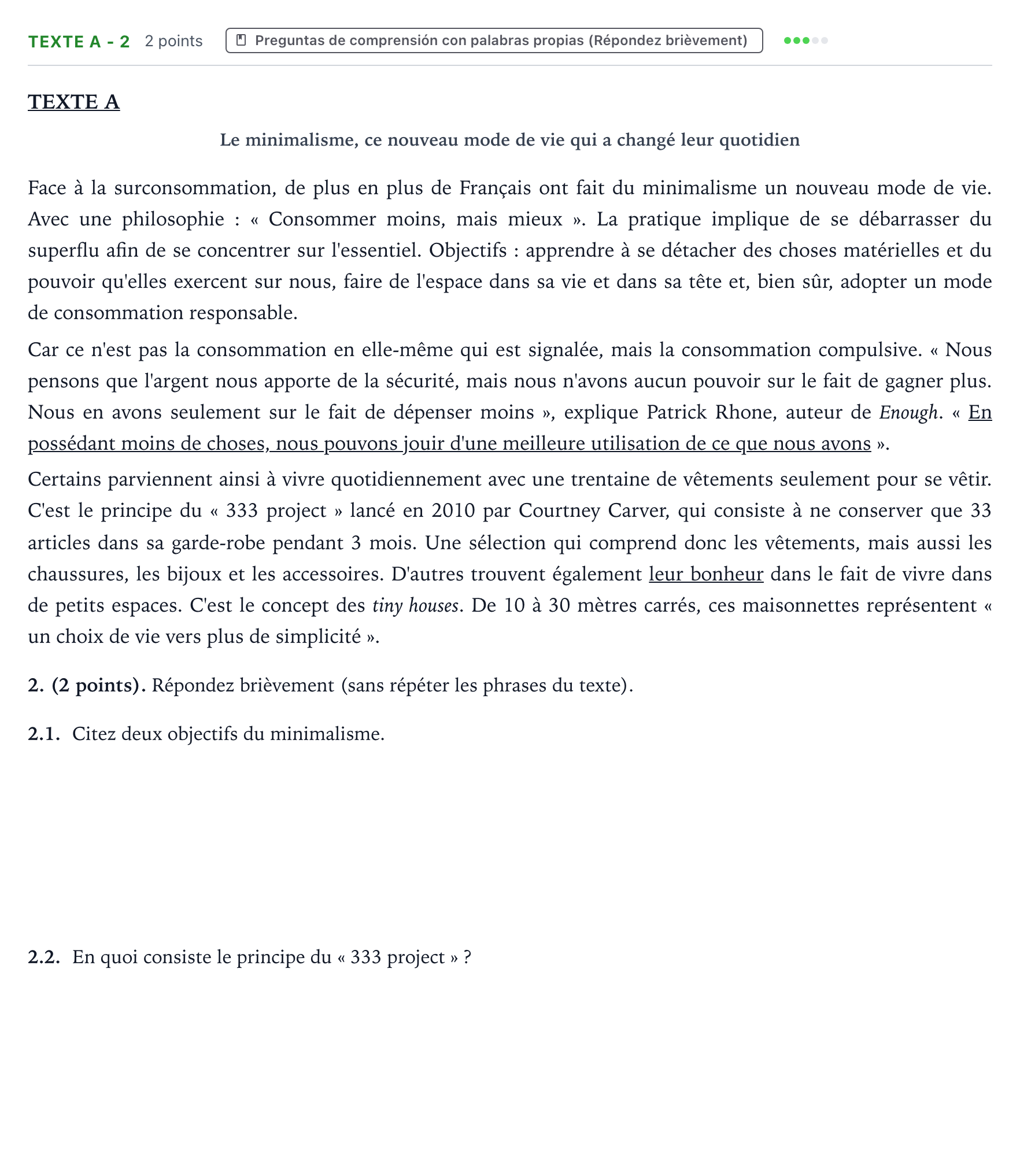 Enunciado: Ejercicio Texte A - 2 · Francés PAU Aragón Extraordinaria 2022