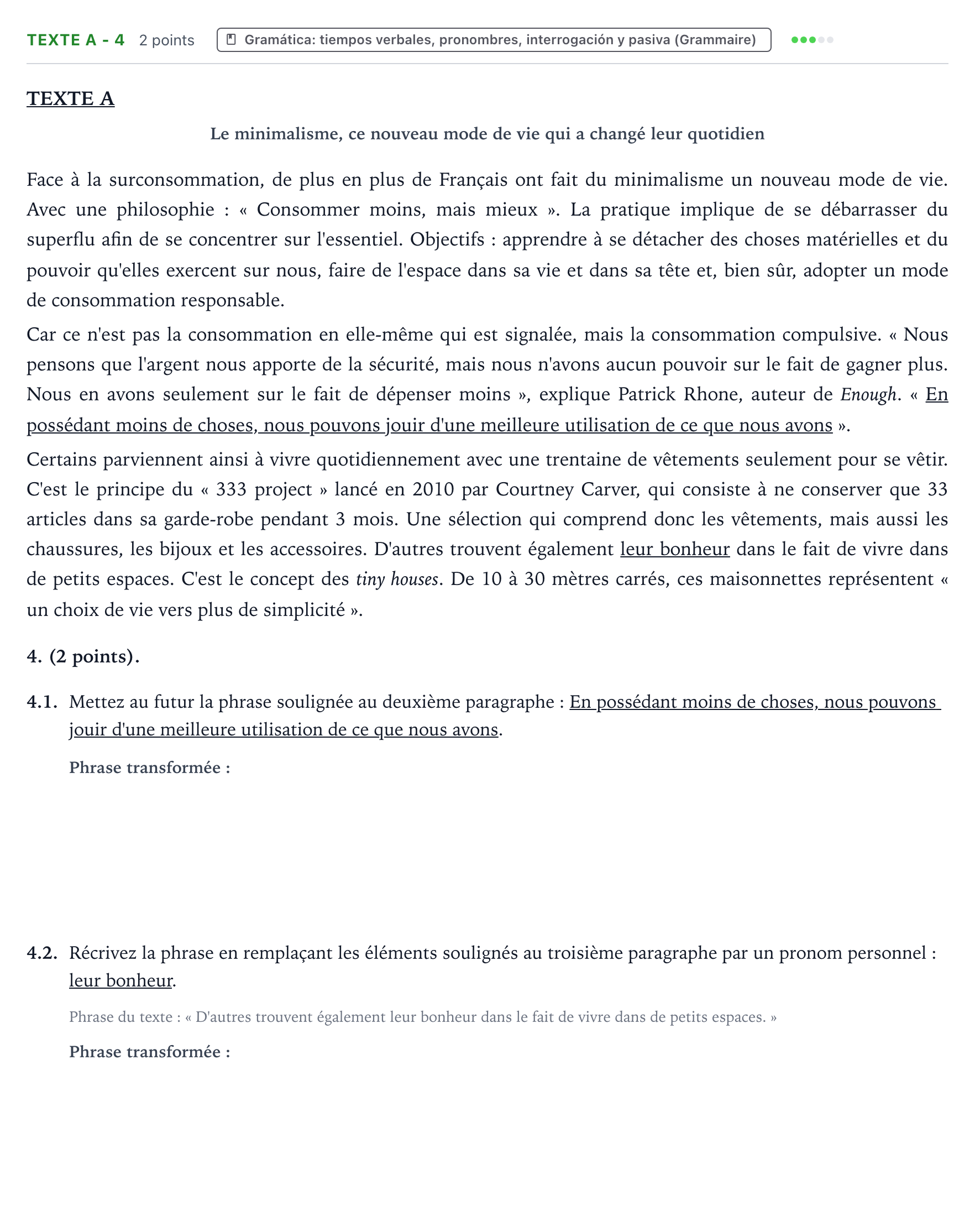 Enunciado: Ejercicio Texte A - 4 · Francés PAU Aragón Extraordinaria 2022