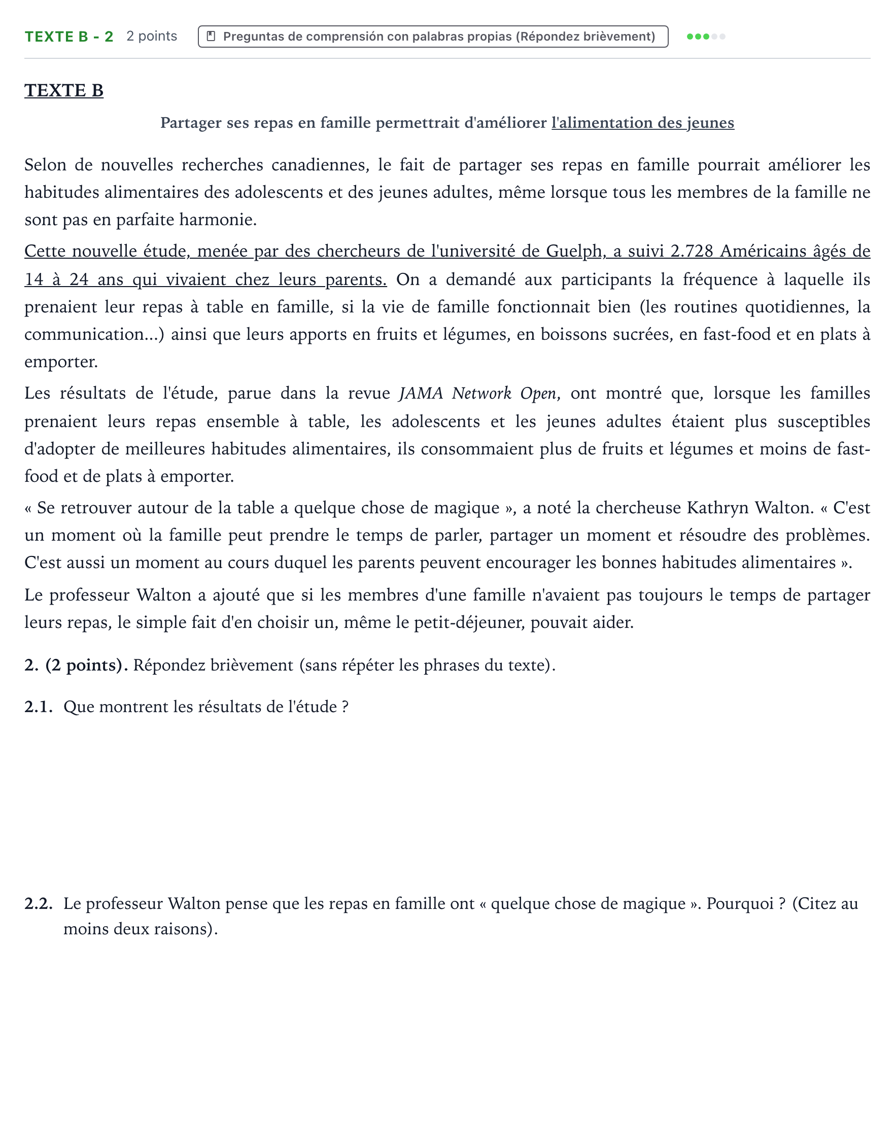 Enunciado: Ejercicio Texte B - 2 · Francés PAU Aragón Extraordinaria 2022