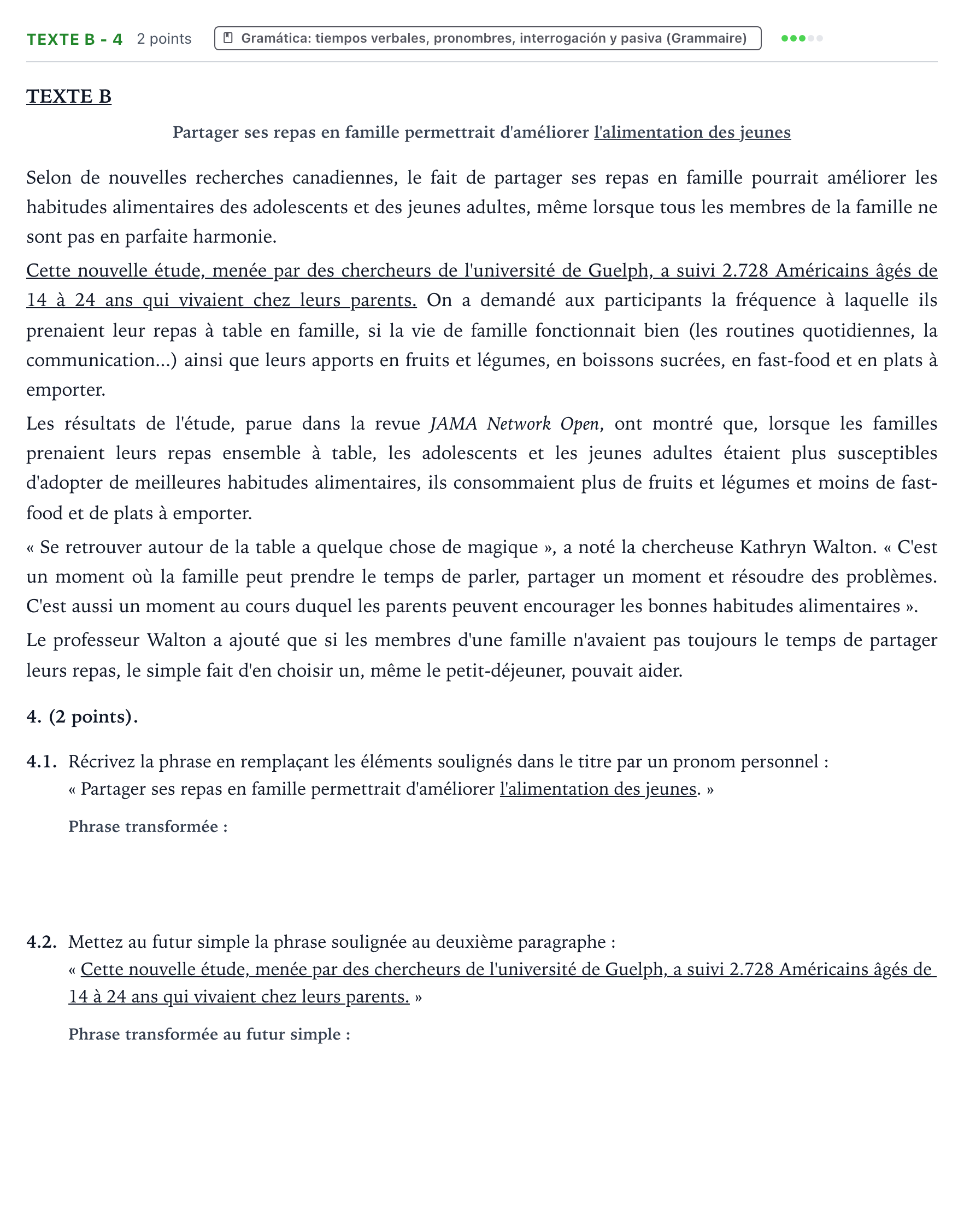 Enunciado: Ejercicio Texte B - 4 · Francés PAU Aragón Extraordinaria 2022