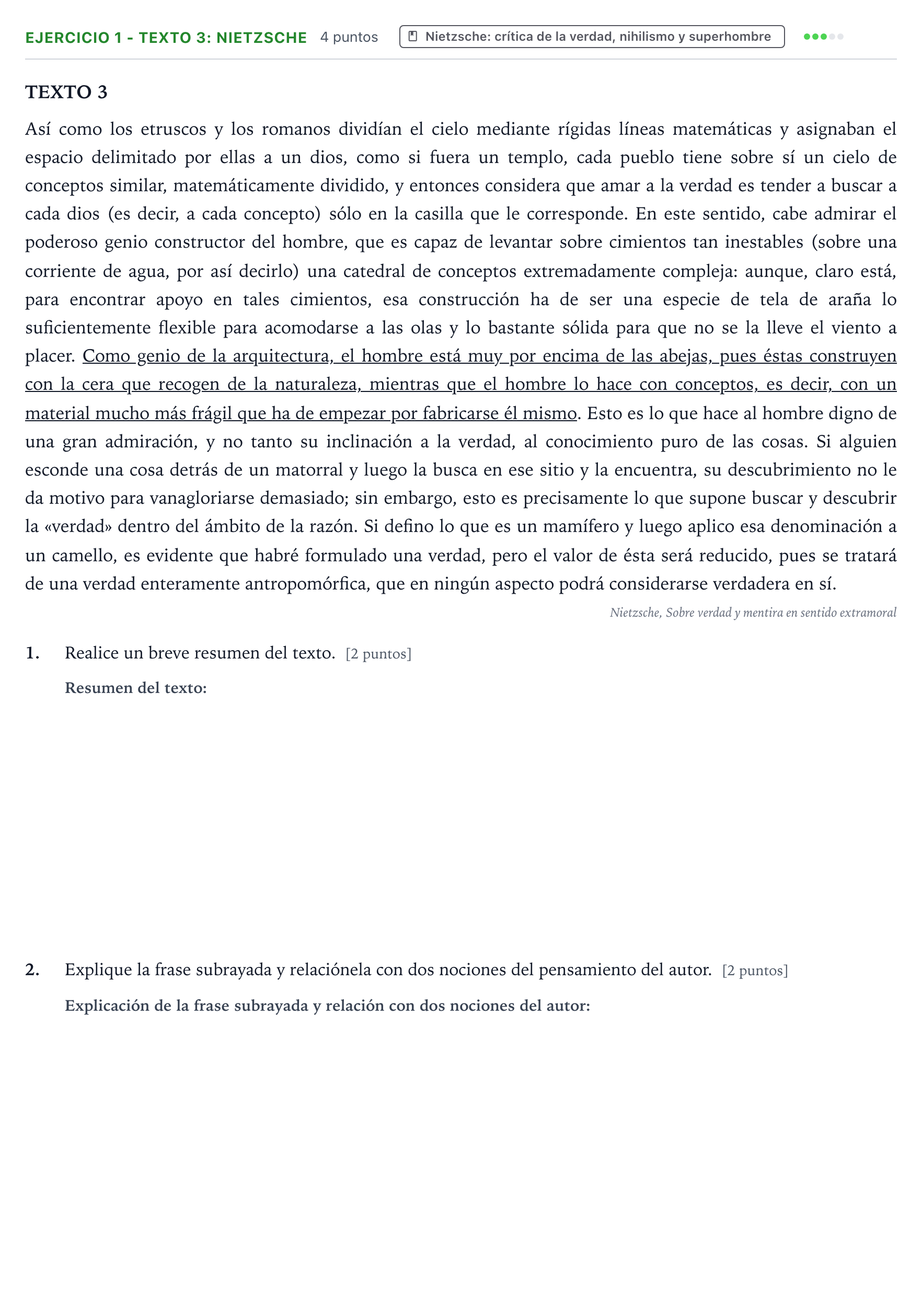 Enunciado: Ejercicio 1 - Texto 3: Nietzsche · Historia de la Filosofía PAU Aragón Ordinaria 2022