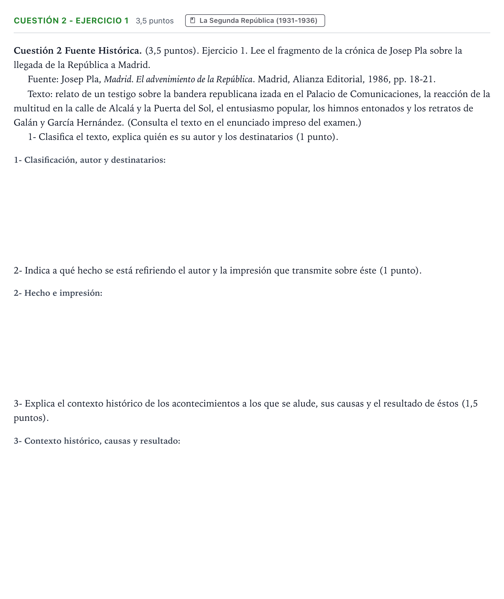 Enunciado: Cuestión 2 - Ejercicio 1 · Historia de España PAU Aragón Extraordinaria 2022
