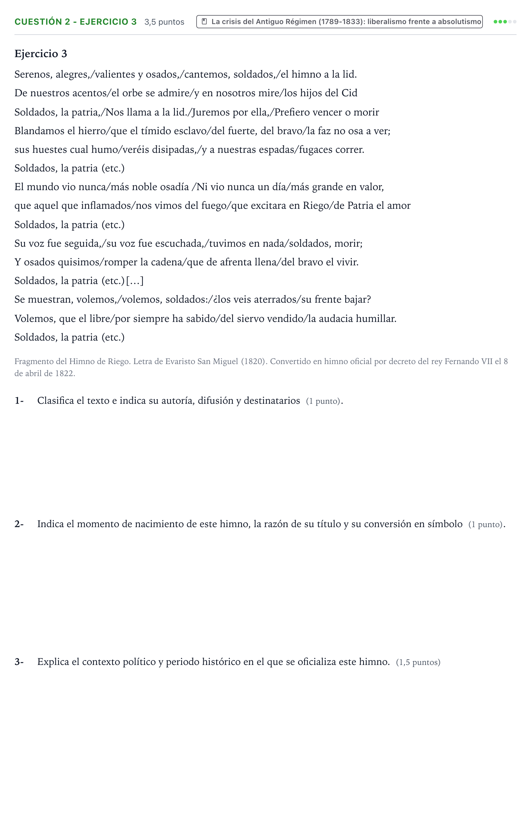 Enunciado: Cuestión 2 - Ejercicio 3 · Historia de España PAU Aragón Extraordinaria 2022