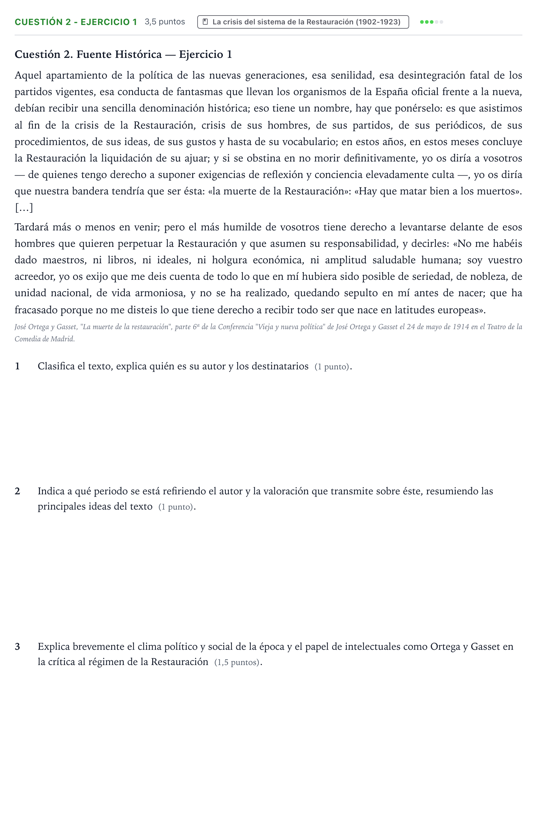 Enunciado: Cuestión 2 - Ejercicio 1 · Historia de España PAU Aragón Ordinaria 2022