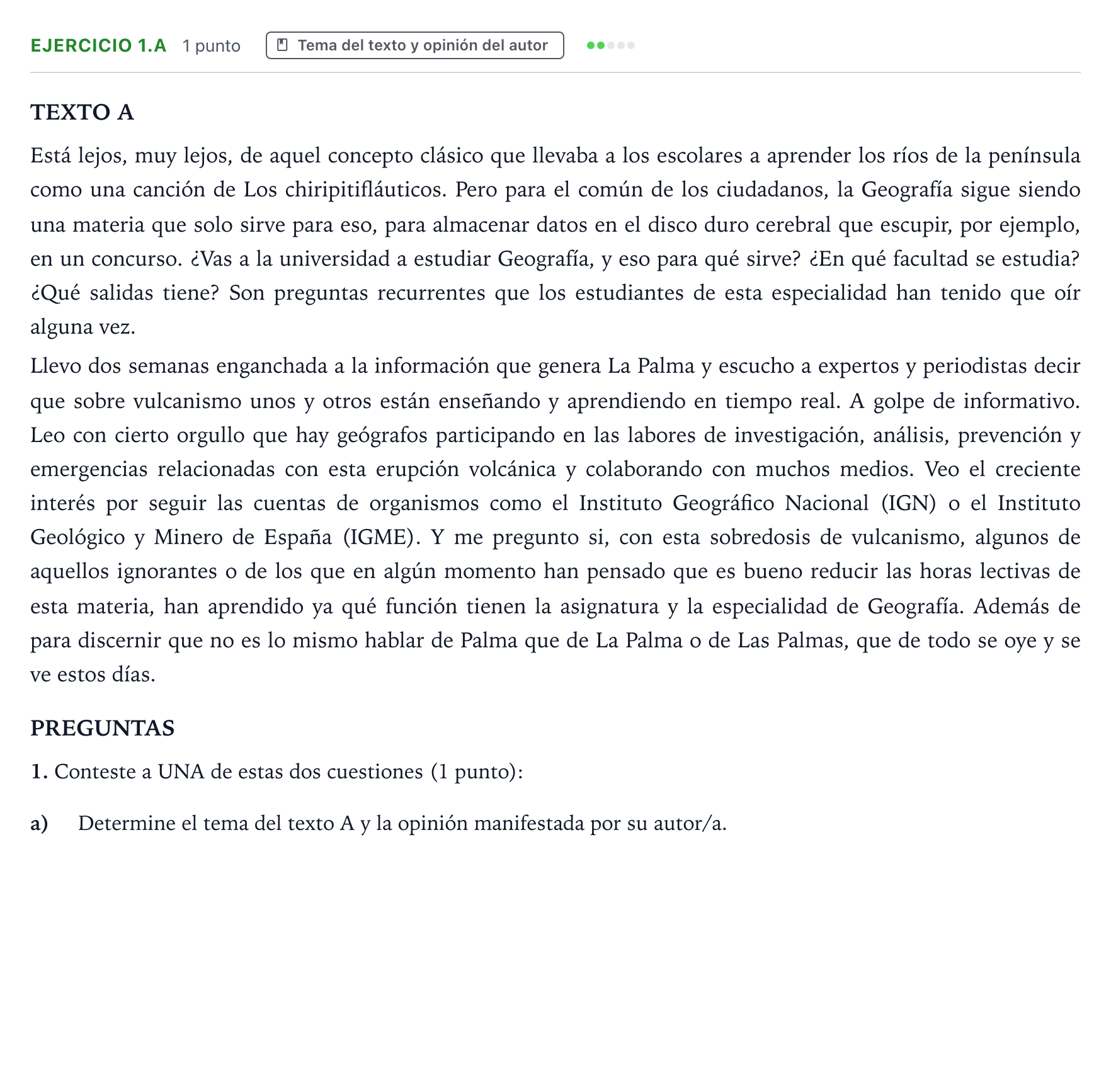 Enunciado: Ejercicio 1.a · Lengua Castellana y Literatura II PAU Aragón Extraordinaria 2022