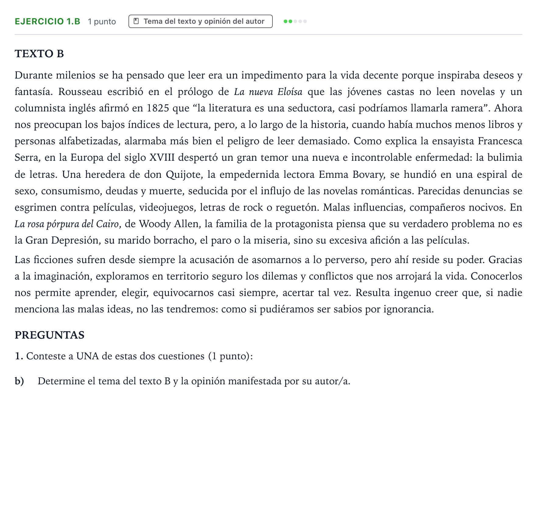 Enunciado: Ejercicio 1.b · Lengua Castellana y Literatura II PAU Aragón Extraordinaria 2022