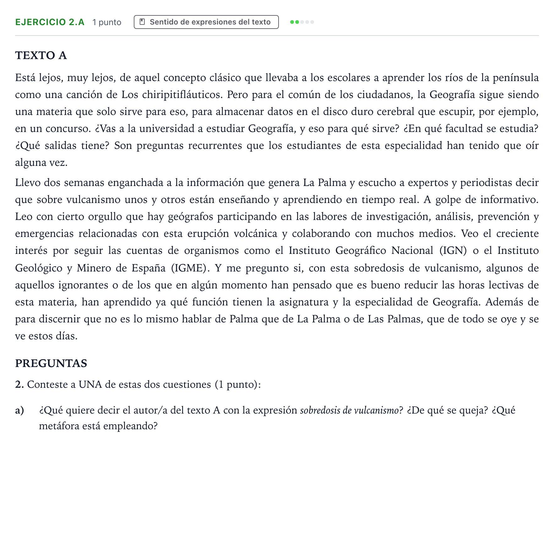 Enunciado: Ejercicio 2.a · Lengua Castellana y Literatura II PAU Aragón Extraordinaria 2022