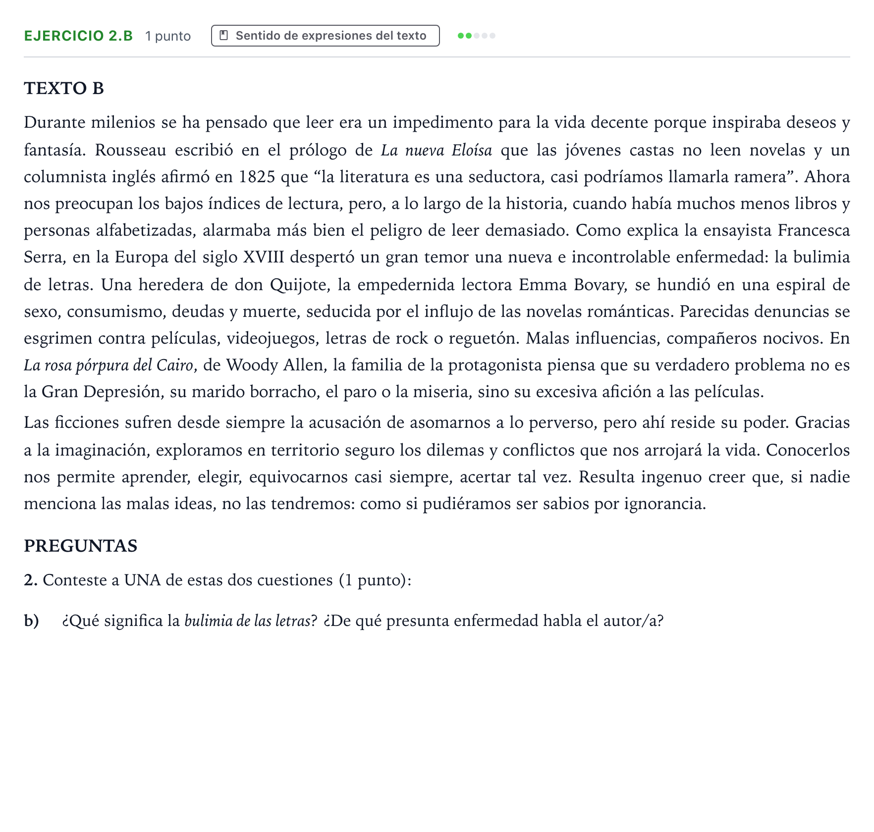 Enunciado: Ejercicio 2.b · Lengua Castellana y Literatura II PAU Aragón Extraordinaria 2022