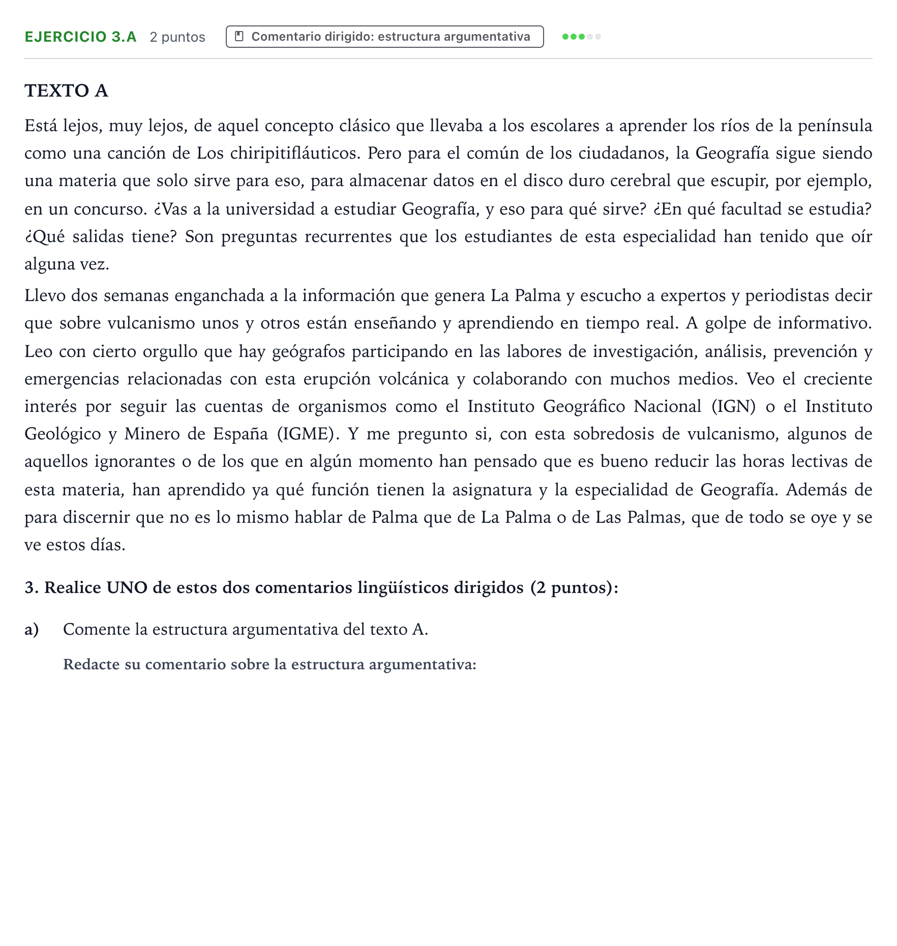 Enunciado: Ejercicio 3.a · Lengua Castellana y Literatura II PAU Aragón Extraordinaria 2022