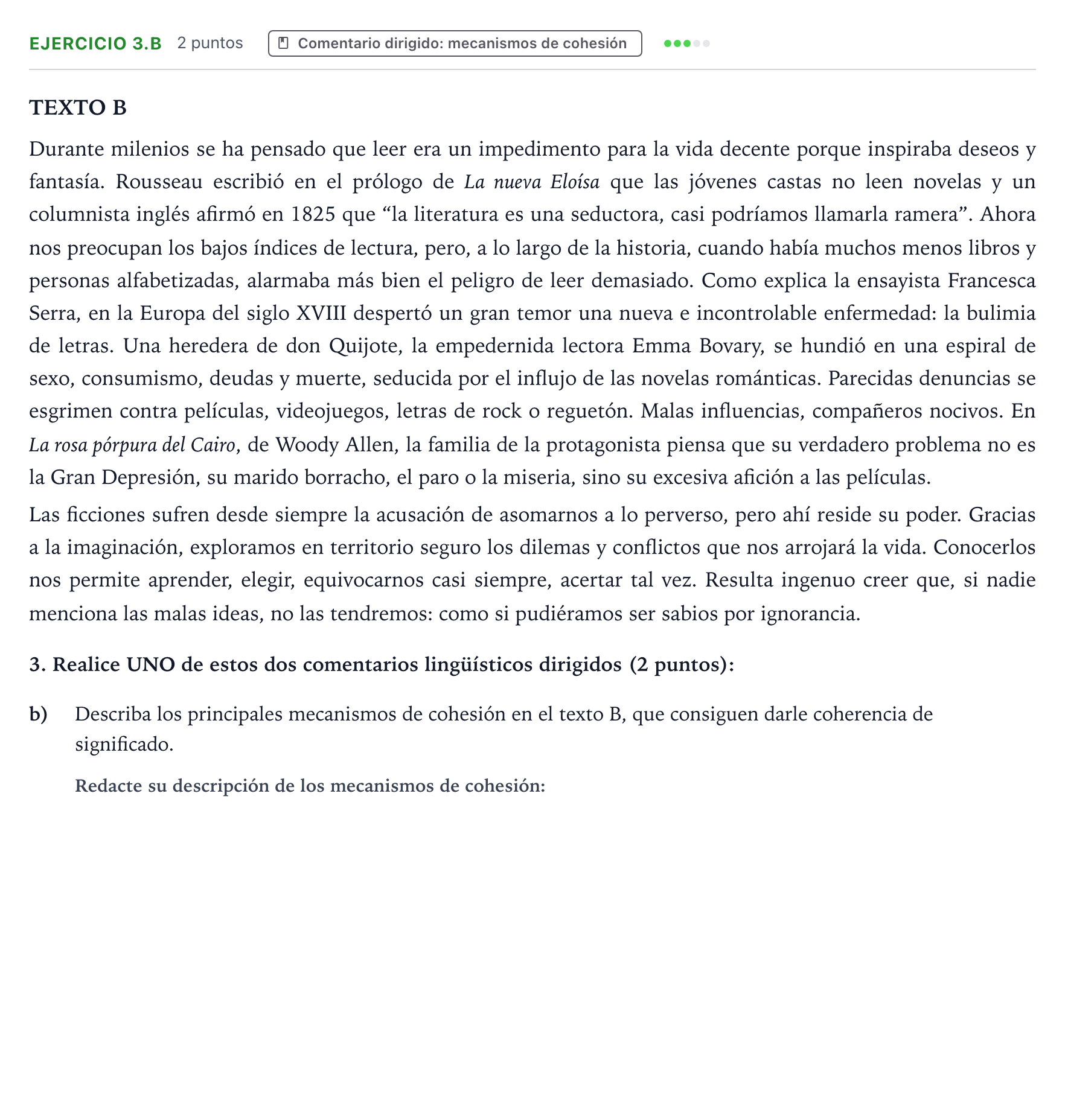 Enunciado: Ejercicio 3.b · Lengua Castellana y Literatura II PAU Aragón Extraordinaria 2022