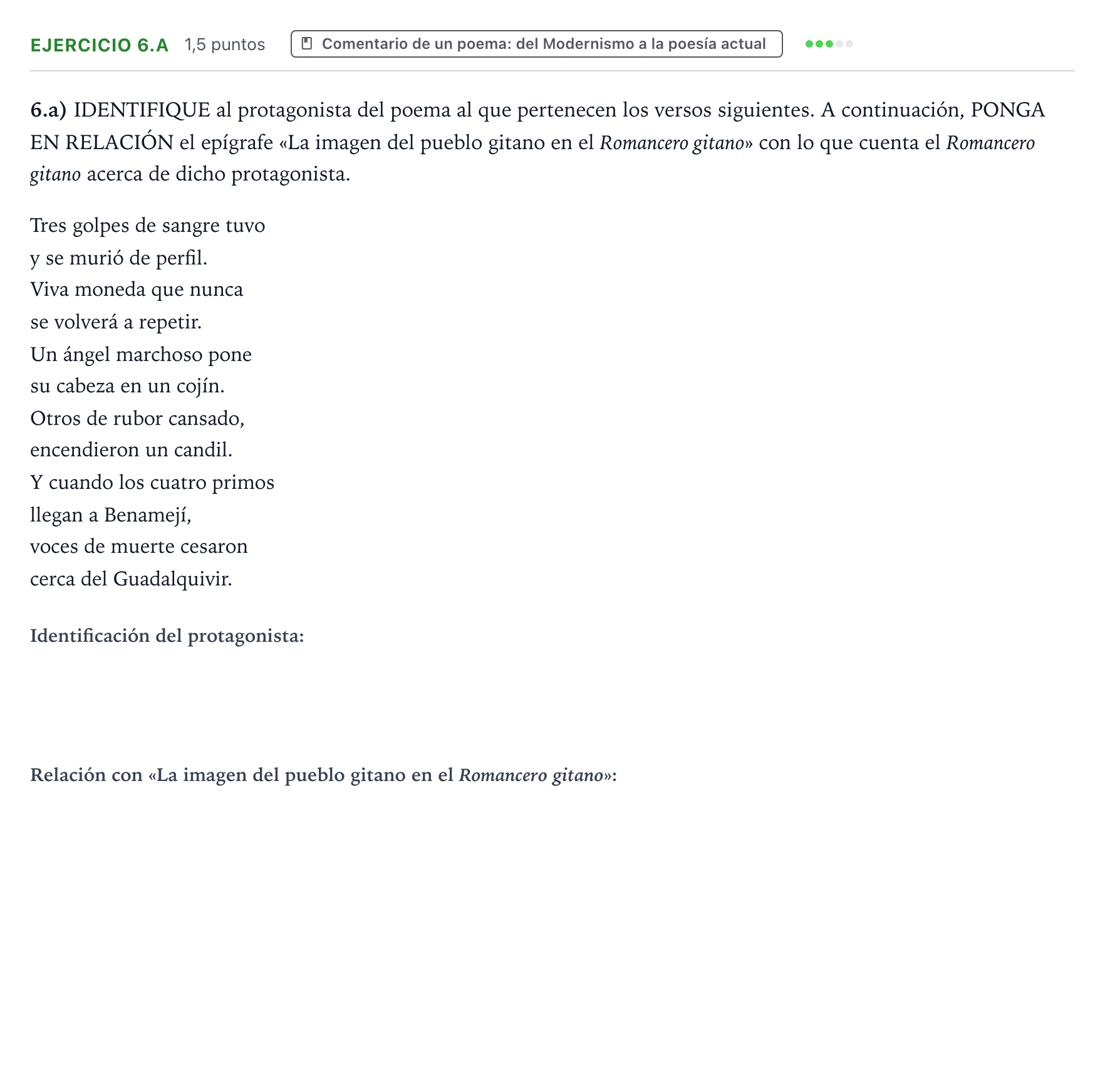 Enunciado: Ejercicio 6.a · Lengua Castellana y Literatura II PAU Aragón Extraordinaria 2022
