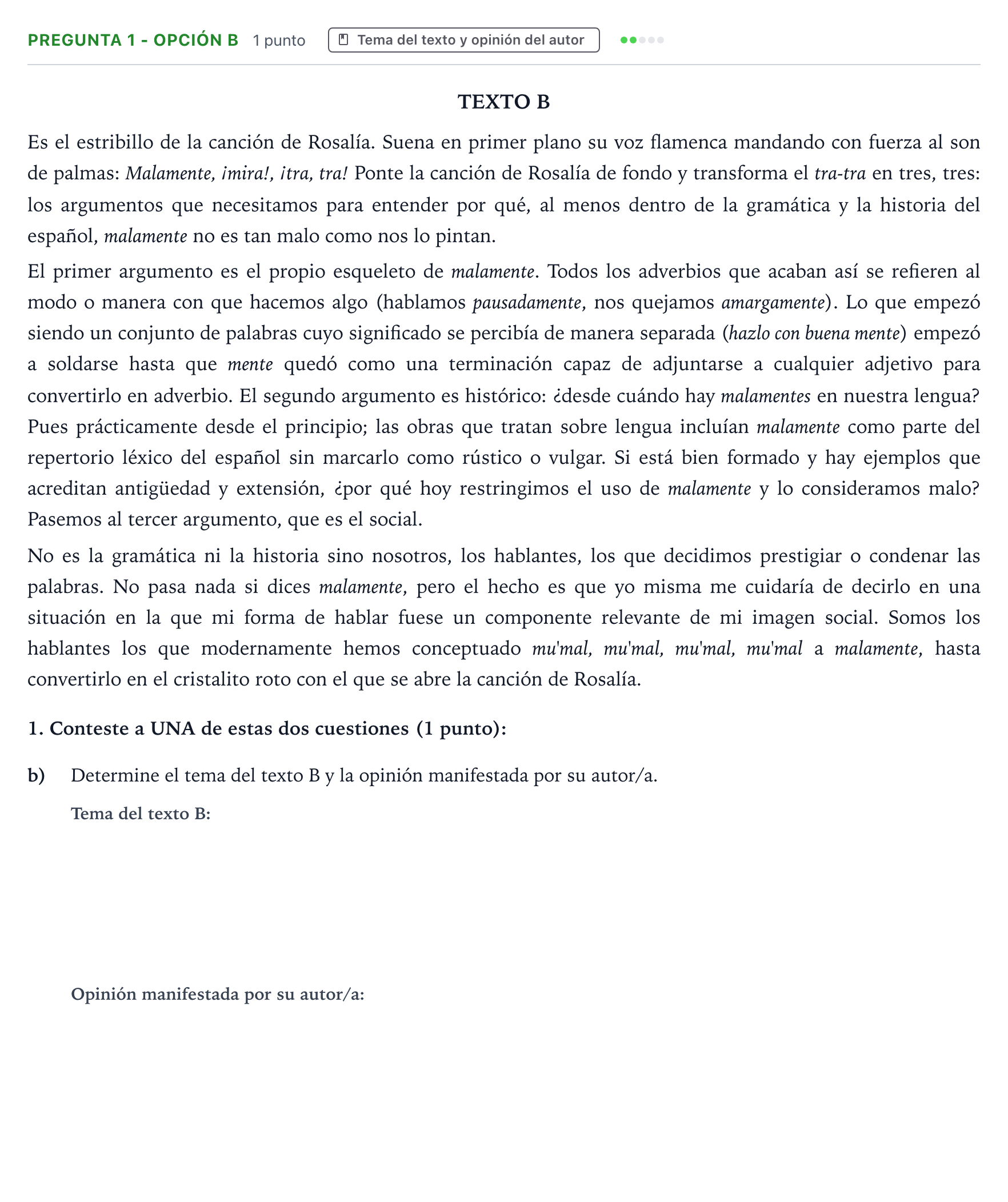 Enunciado: Pregunta 1 - Opción b · Lengua Castellana y Literatura II PAU Aragón Ordinaria 2022