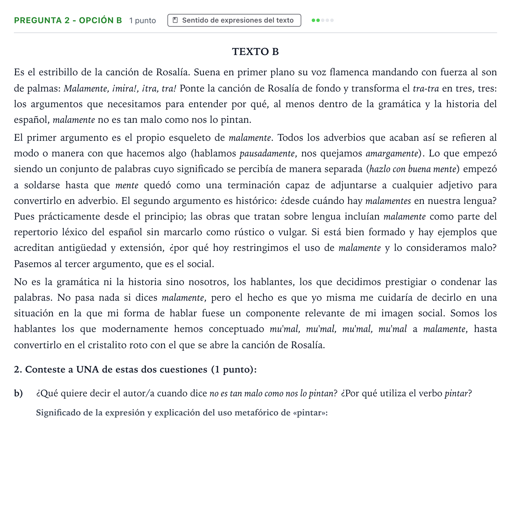 Enunciado: Pregunta 2 - Opción b · Lengua Castellana y Literatura II PAU Aragón Ordinaria 2022